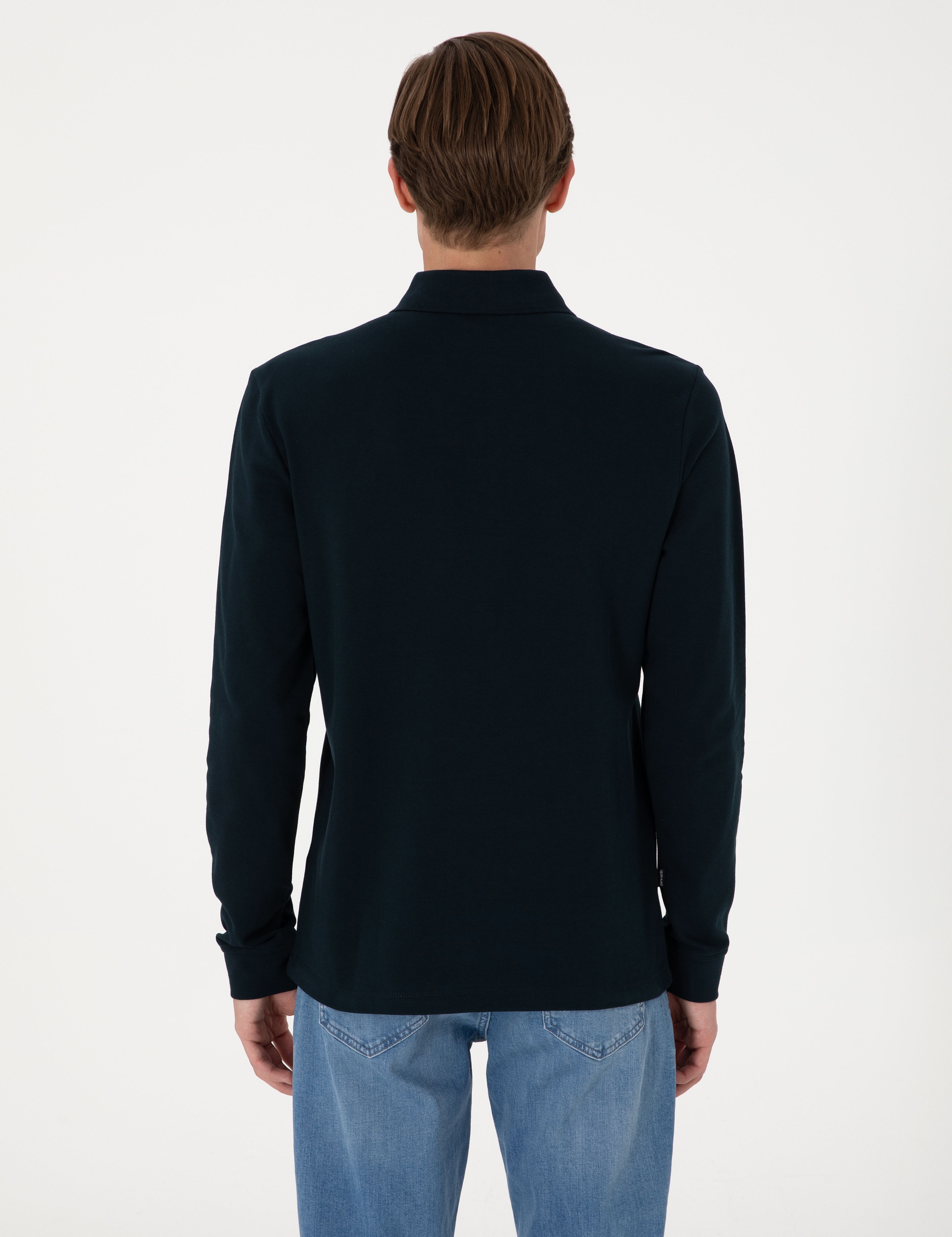 Lacivert Slim Fit Kıvrılmaz Polo Yaka Basic Pike Sweatshirt - Image 5
