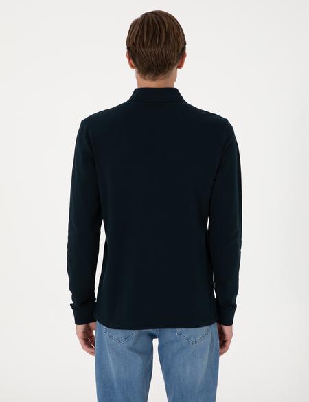 Lacivert Slim Fit Kıvrılmaz Polo Yaka Basic Pike Sweatshirt - 50314048021