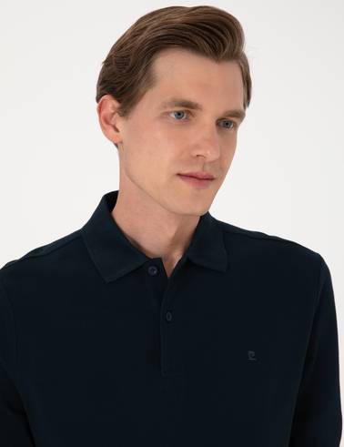 Lacivert Slim Fit Kıvrılmaz Polo Yaka Basic Pike Sweatshirt