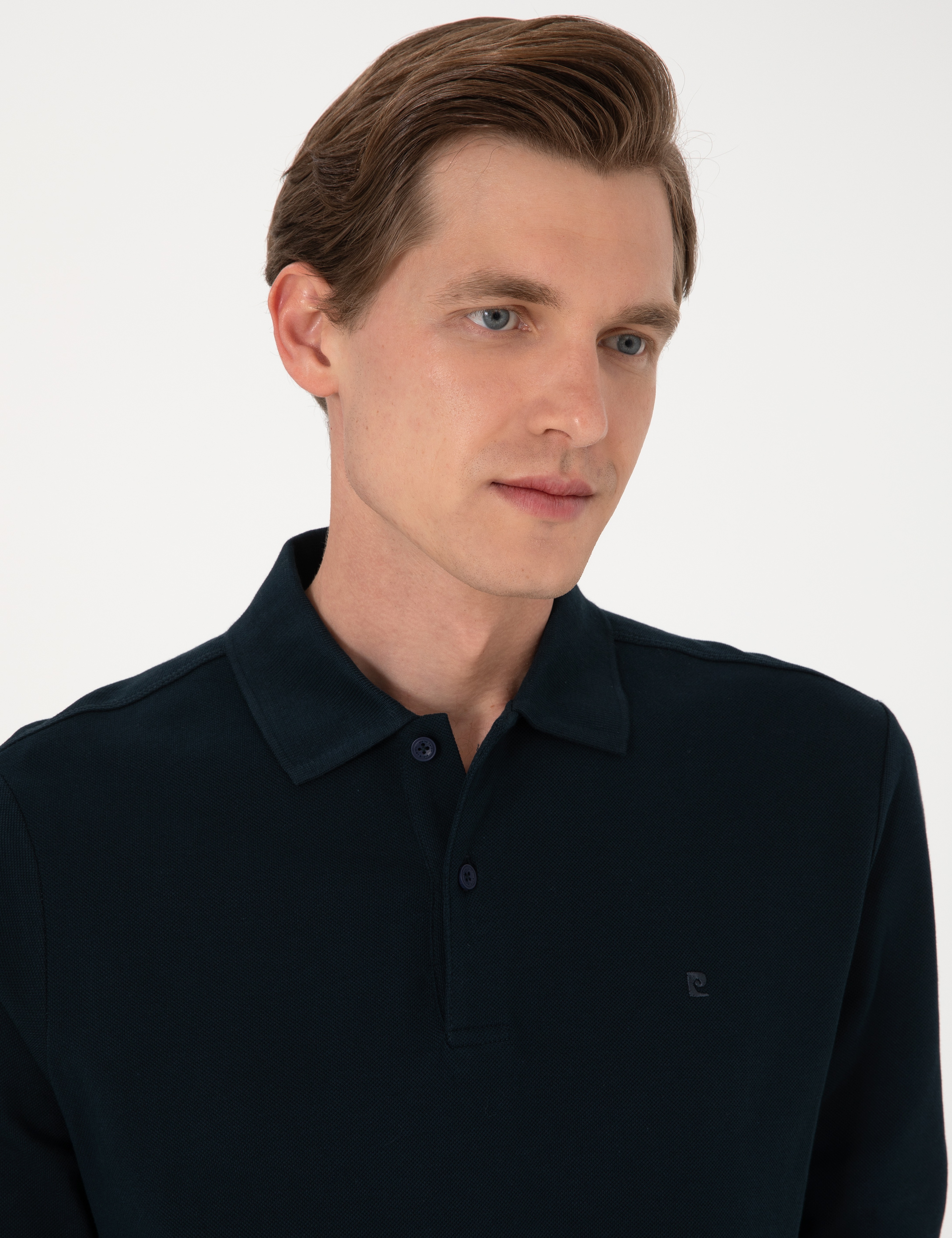 Lacivert Slim Fit Kıvrılmaz Polo Yaka Basic Pike Sweatshirt
