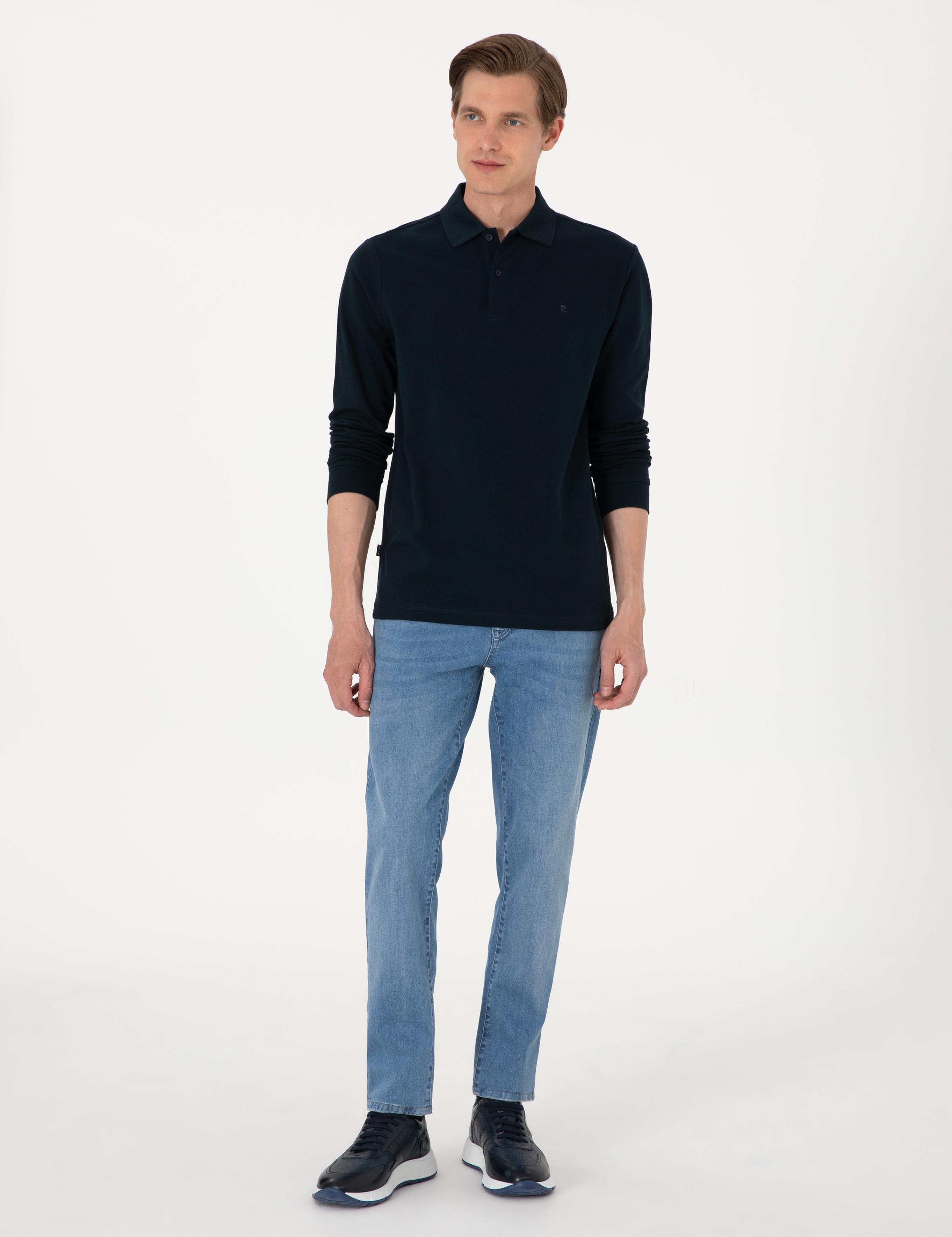 Lacivert Slim Fit Kıvrılmaz Polo Yaka Basic Pike Sweatshirt