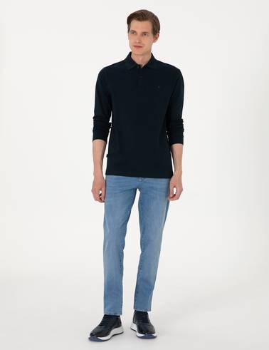 Lacivert Slim Fit Kıvrılmaz Polo Yaka Basic Pike Sweatshirt