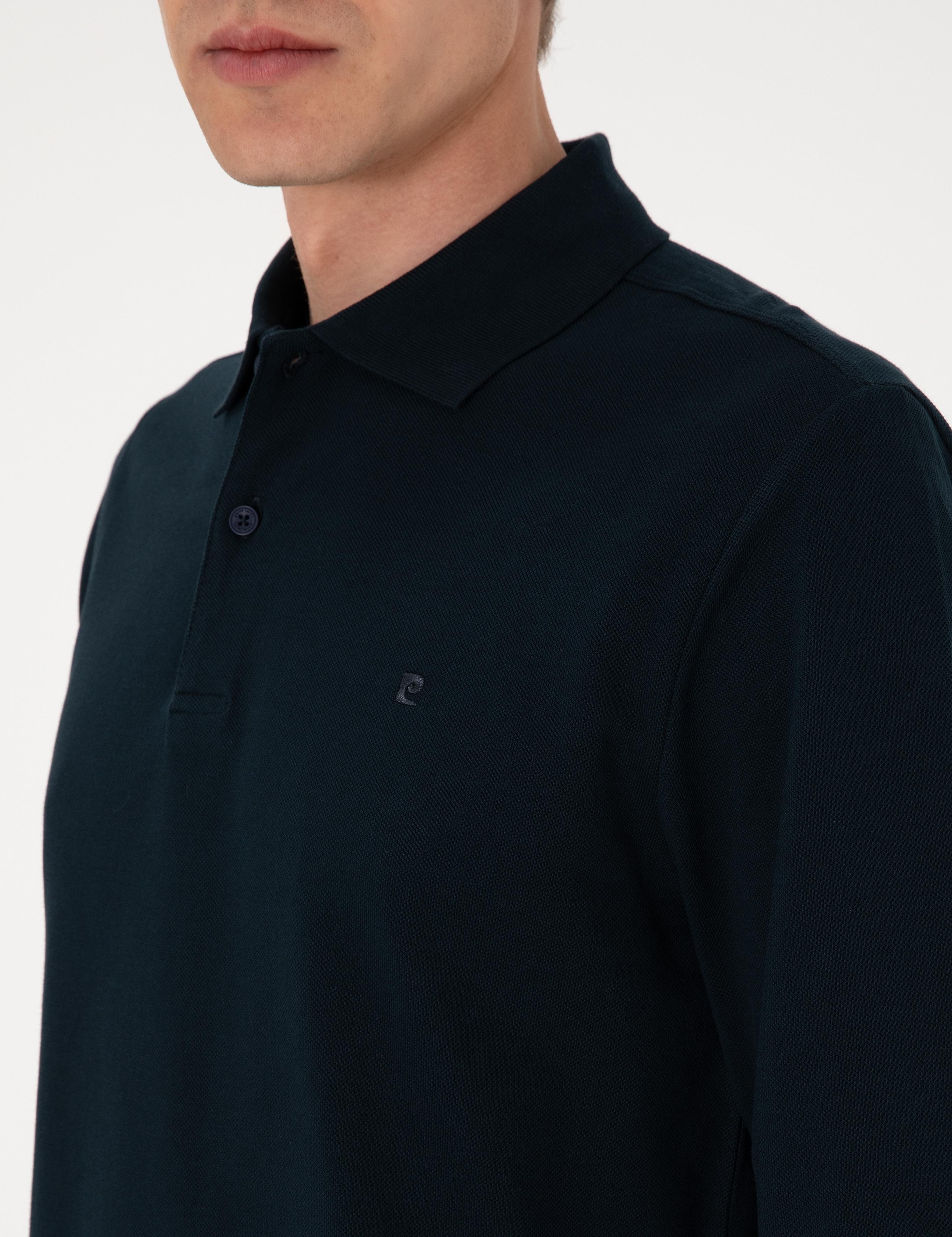 Lacivert Slim Fit Kıvrılmaz Polo Yaka Basic Pike Sweatshirt
