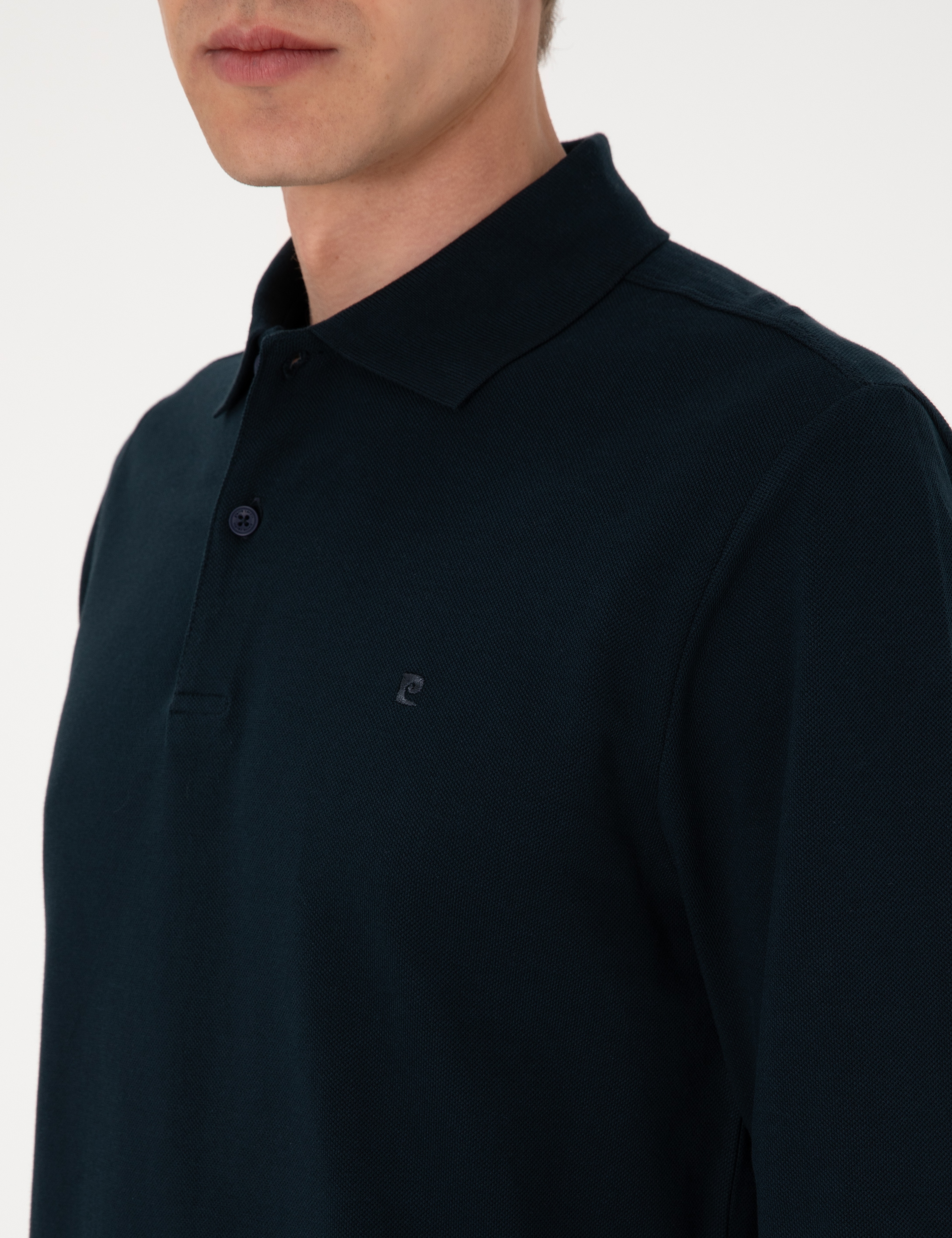 Lacivert Slim Fit Kıvrılmaz Polo Yaka Basic Pike Sweatshirt - Image 6