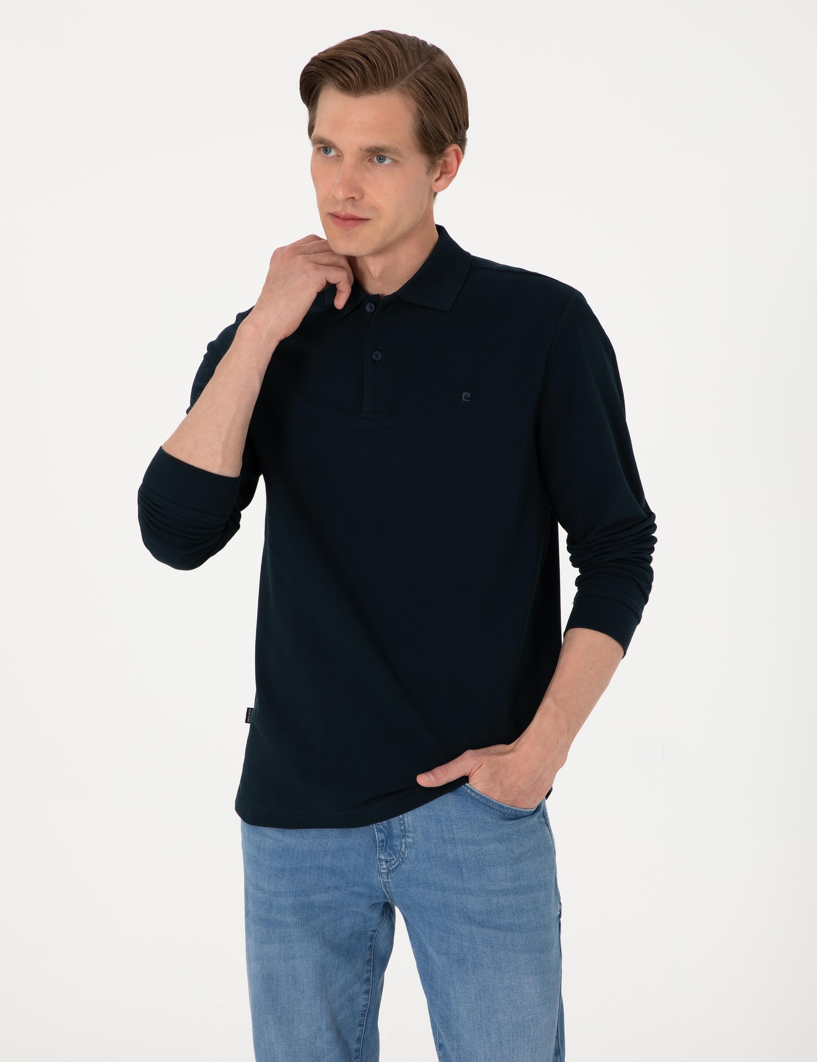Lacivert Slim Fit Kıvrılmaz Polo Yaka Basic Pike Sweatshirt