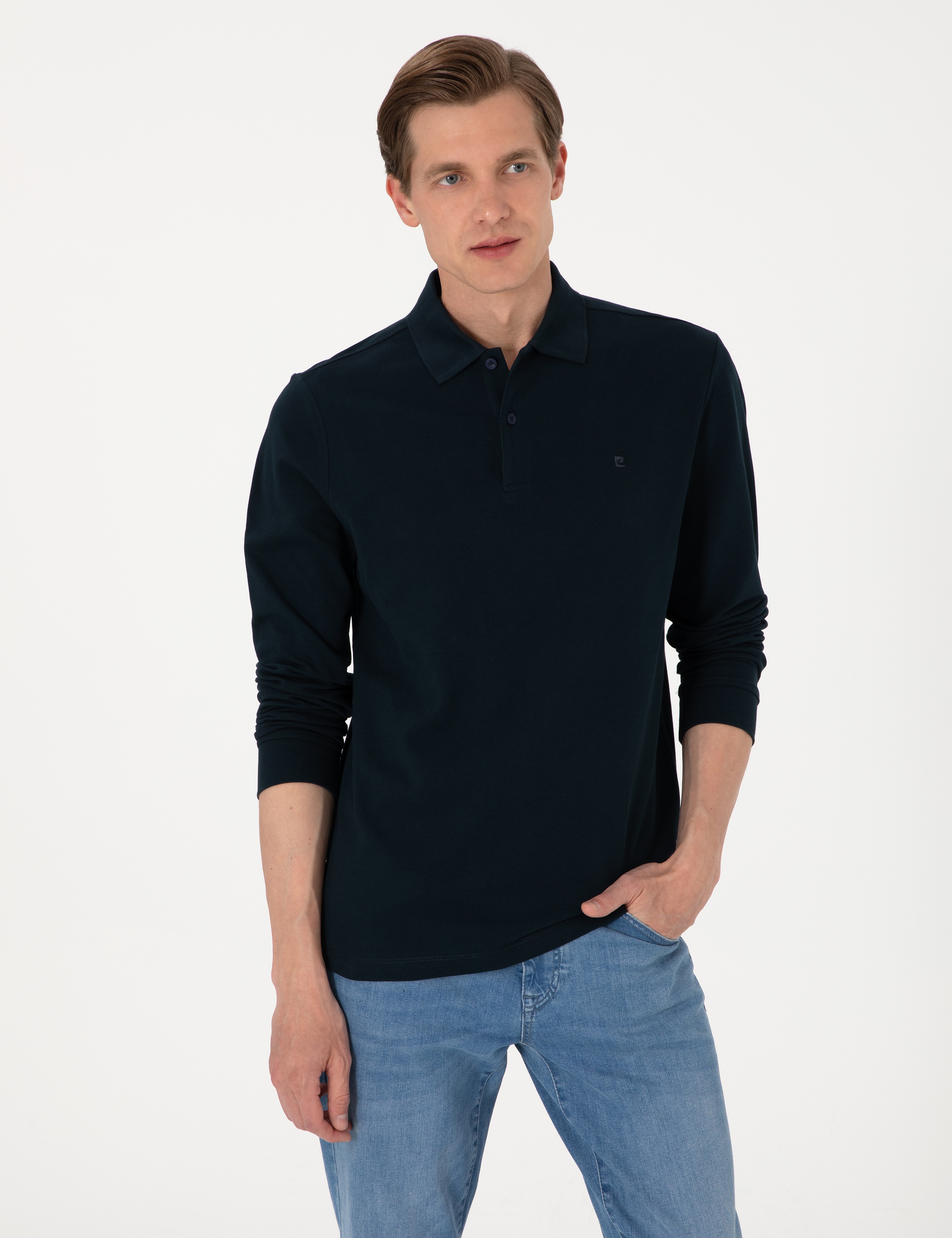 Lacivert Slim Fit Kıvrılmaz Polo Yaka Basic Pike Sweatshirt - Image 1