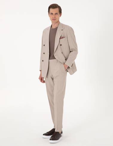 Açık Kahverengi Ex. Slim Fit Çizgili Kruvaze Takım Elbise