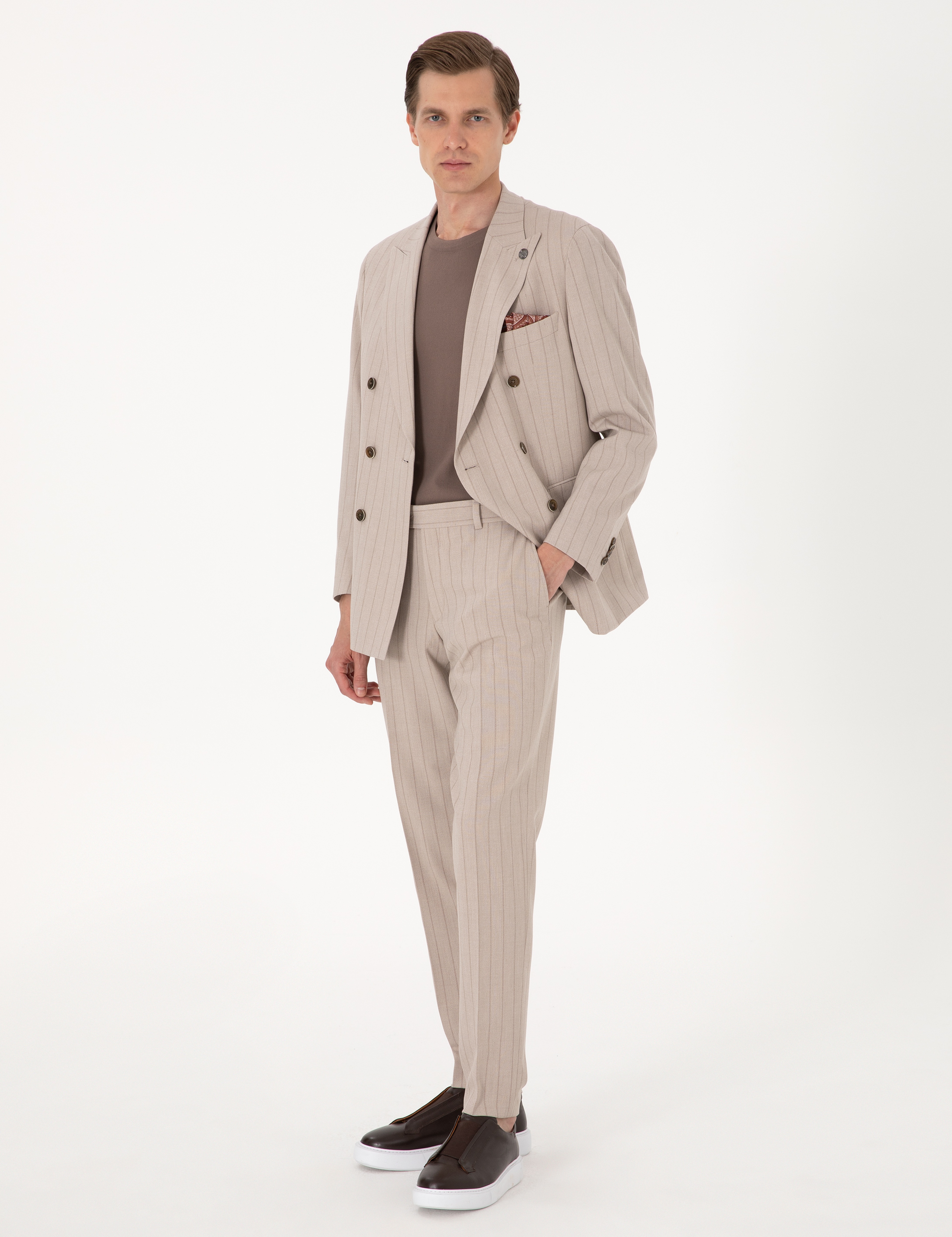 Açık Kahverengi Ex. Slim Fit Çizgili Kruvaze Takım Elbise - Image 4