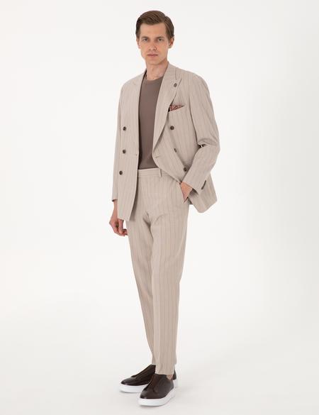 Açık Kahverengi Ex. Slim Fit Çizgili Kruvaze Takım Elbise - 50310421011