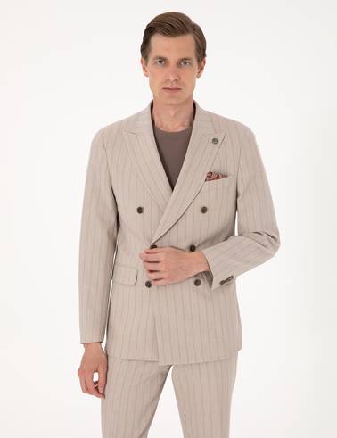 Açık Kahverengi Ex. Slim Fit Çizgili Kruvaze Takım Elbise