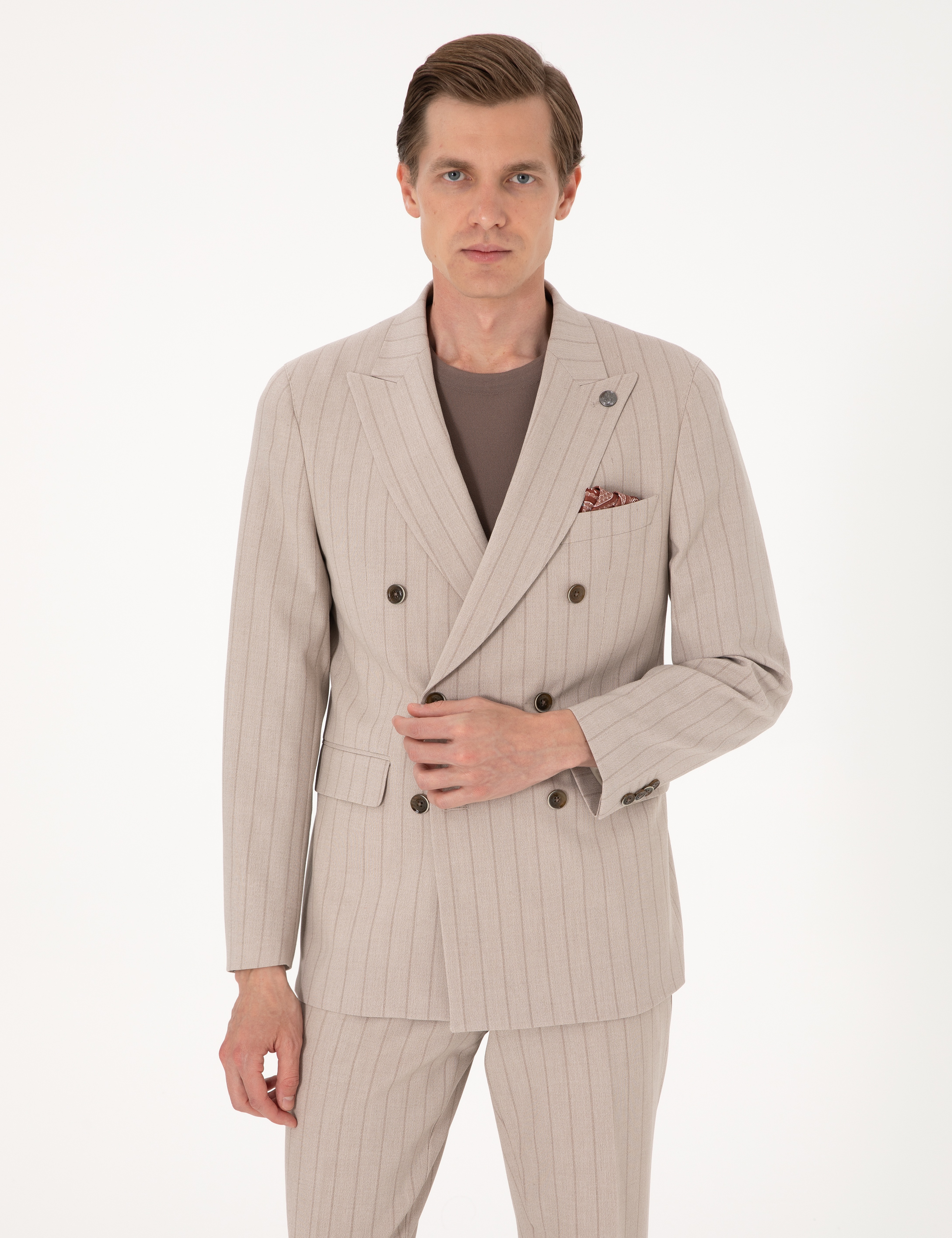 Açık Kahverengi Ex. Slim Fit Çizgili Kruvaze Takım Elbise - Image 3