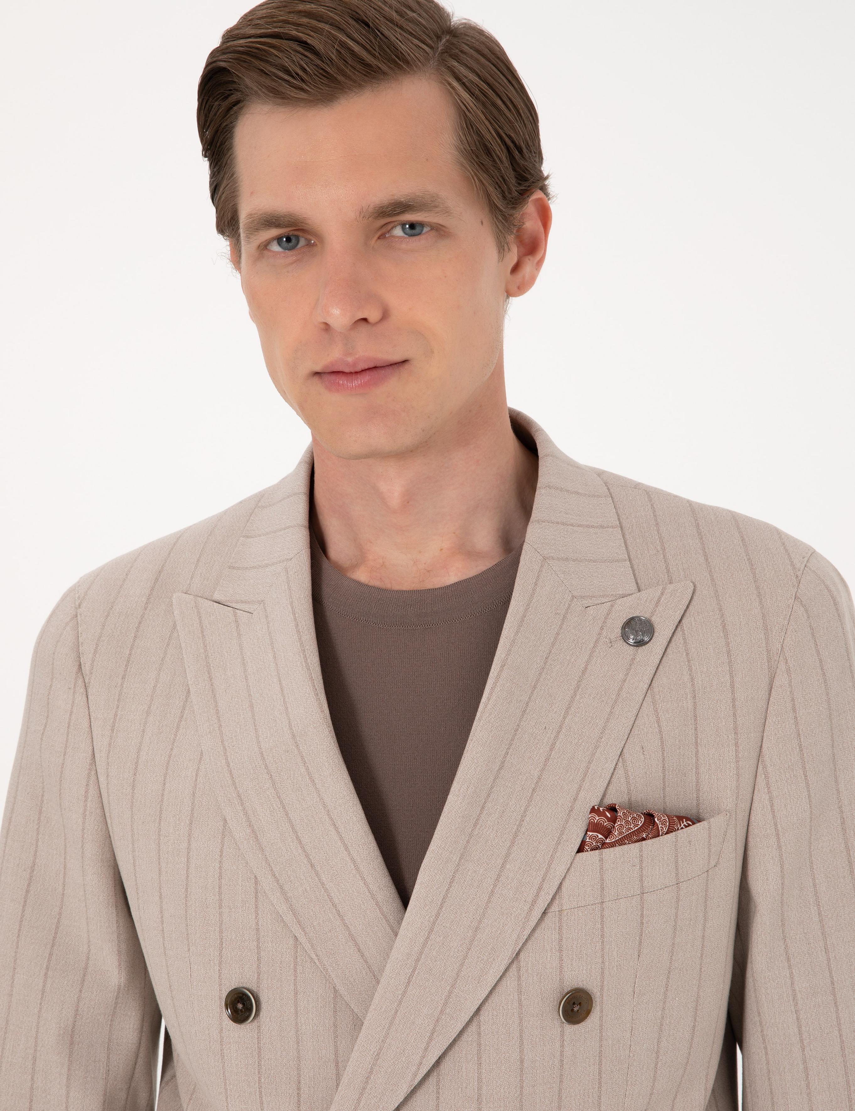 Açık Kahverengi Ex. Slim Fit Çizgili Kruvaze Takım Elbise