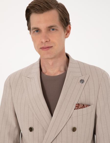 Açık Kahverengi Ex. Slim Fit Çizgili Kruvaze Takım Elbise - 50310421011