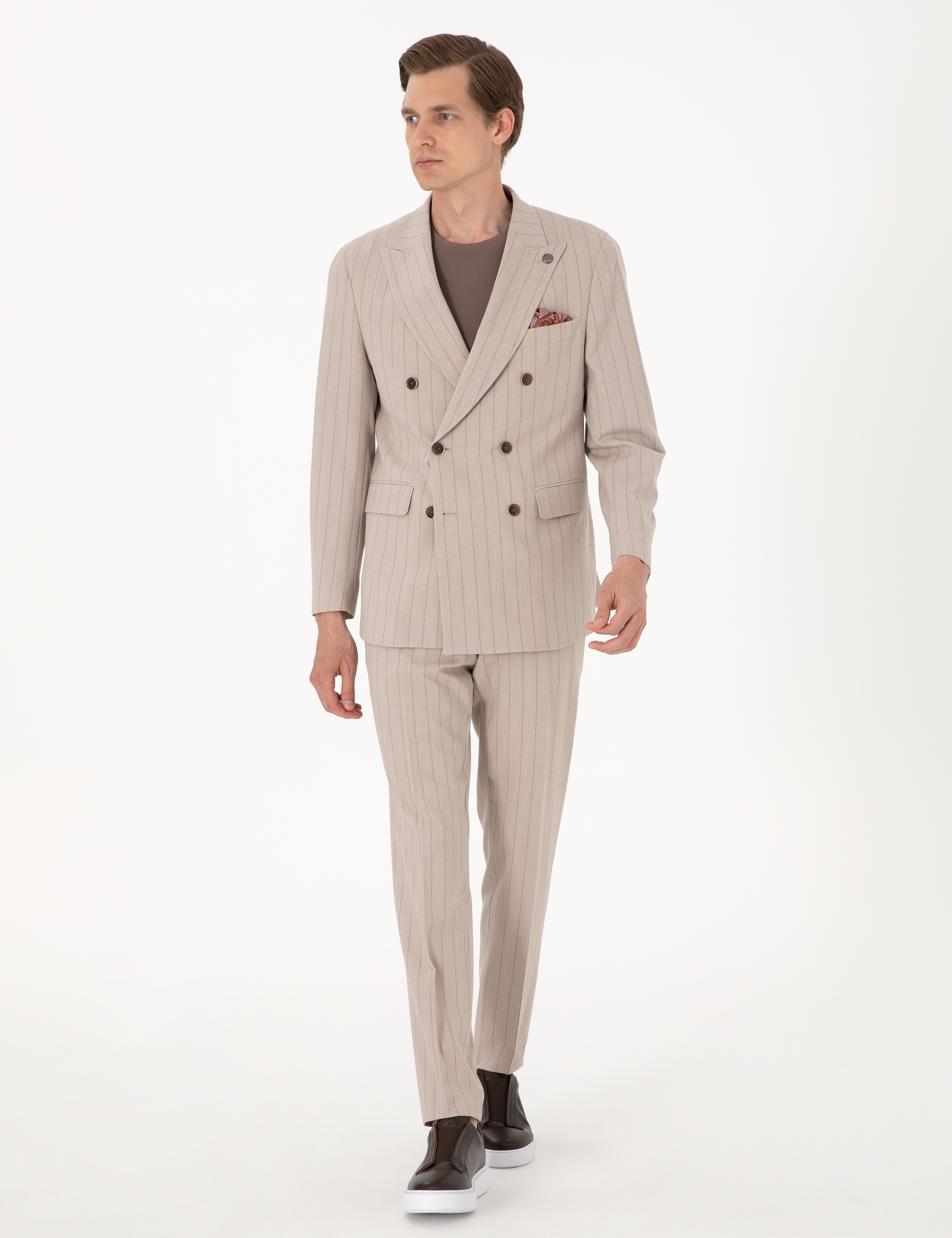 Açık Kahverengi Ex. Slim Fit Çizgili Kruvaze Takım Elbise - Image 1