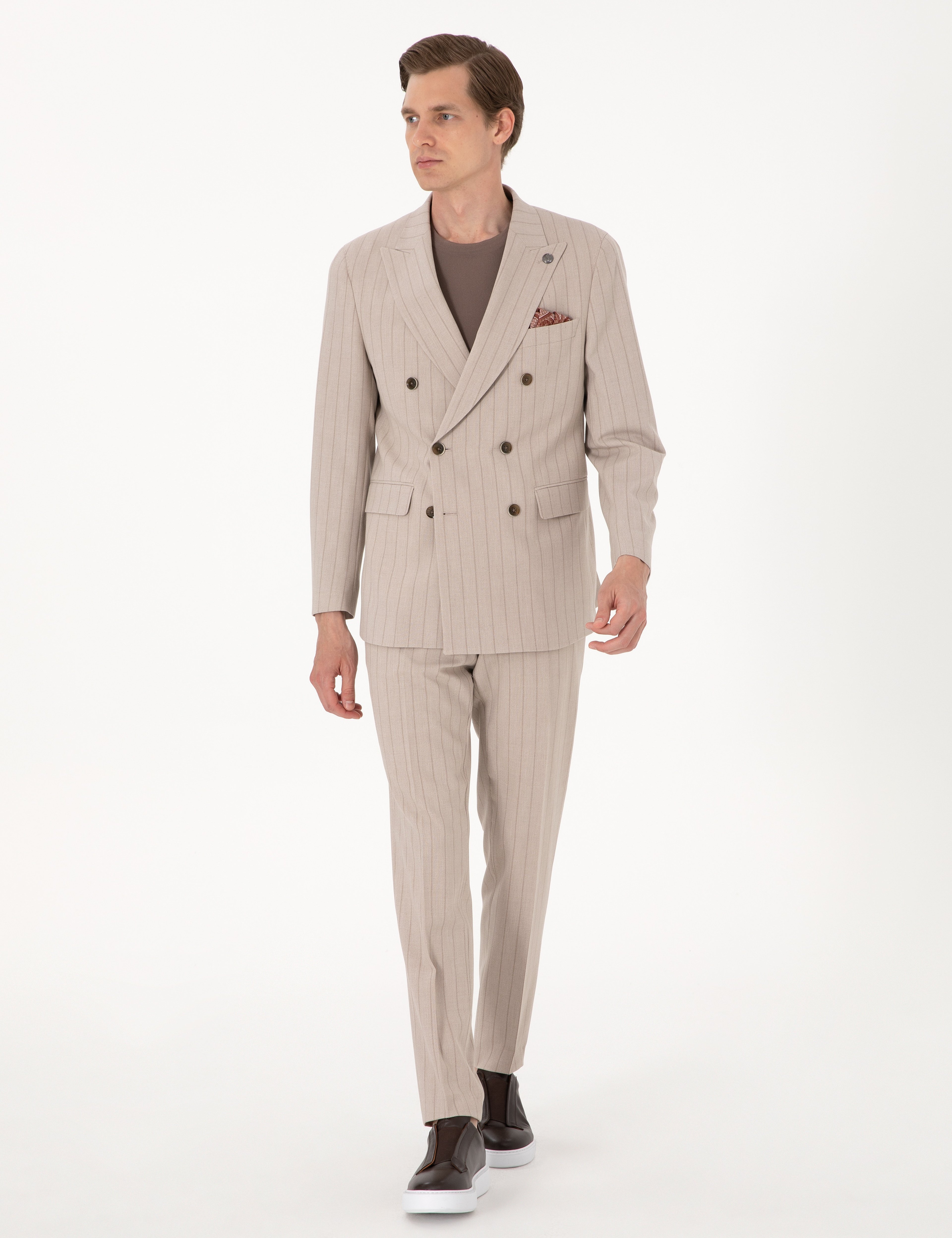 Açık Kahverengi Ex. Slim Fit Çizgili Kruvaze Takım Elbise