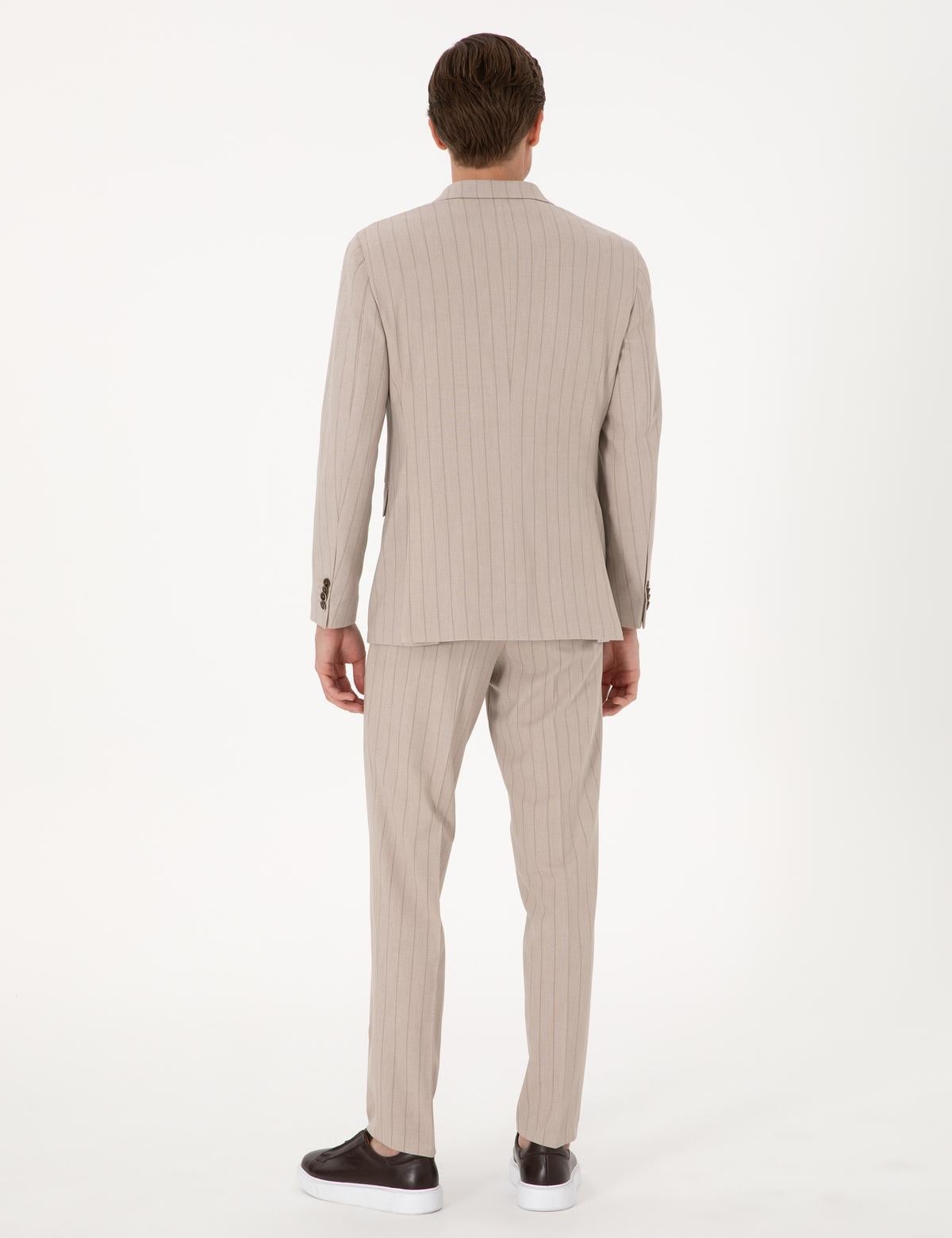 Açık Kahverengi Ex. Slim Fit Çizgili Kruvaze Takım Elbise - 50310421011