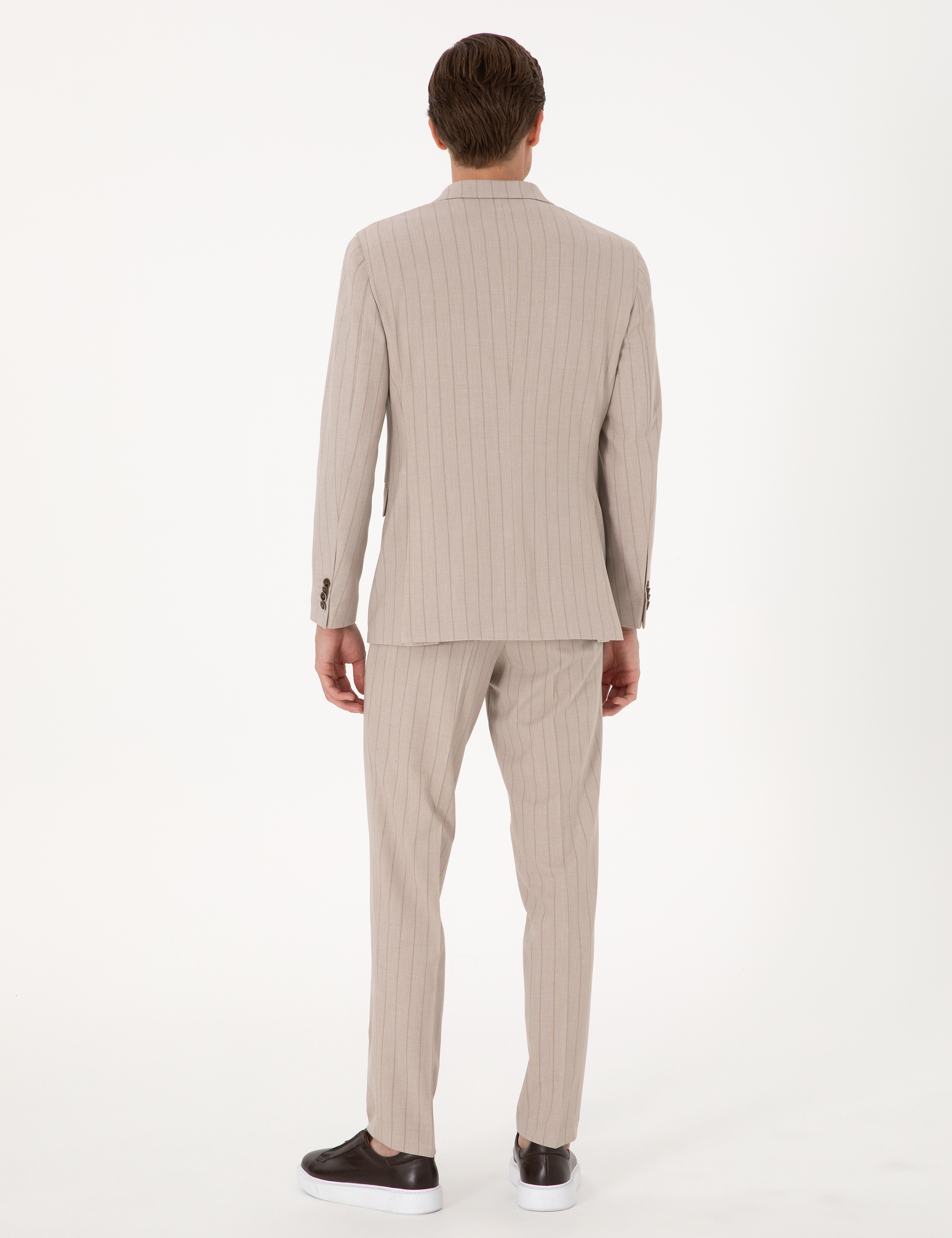 Açık Kahverengi Ex. Slim Fit Çizgili Kruvaze Takım Elbise - Image 5