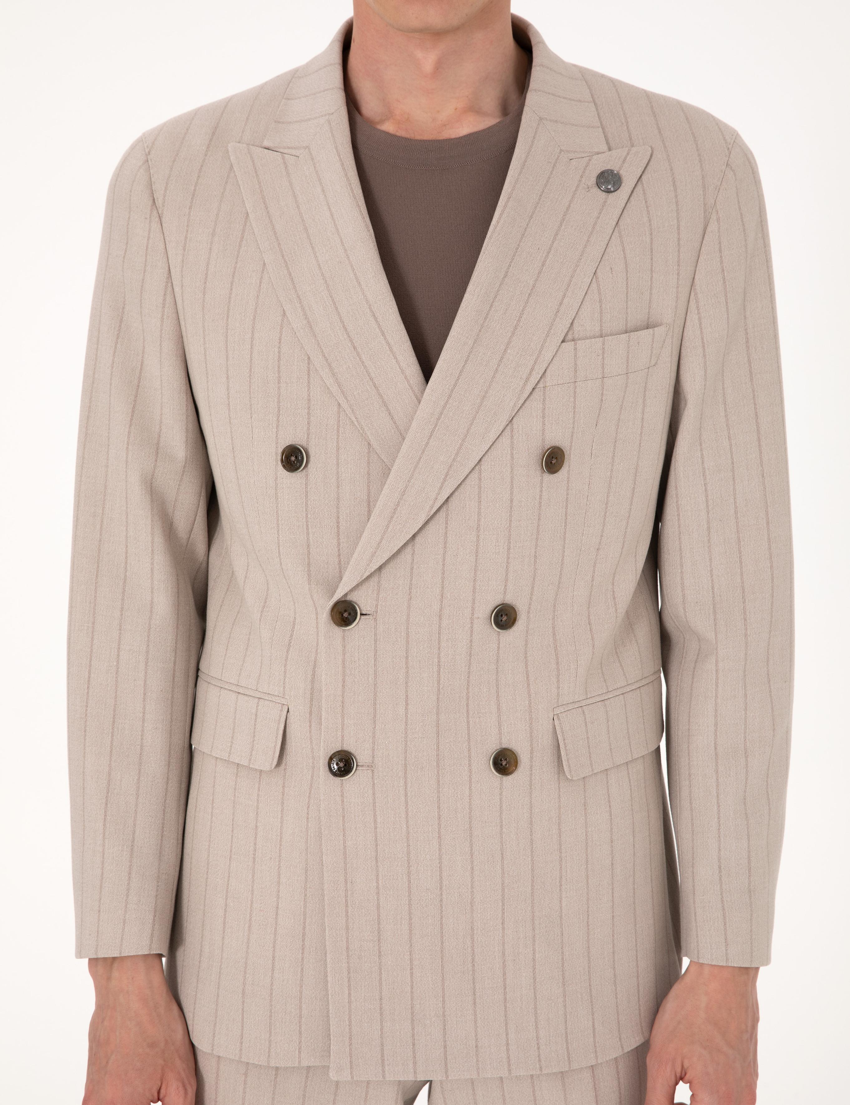 Açık Kahverengi Ex. Slim Fit Çizgili Kruvaze Takım Elbise