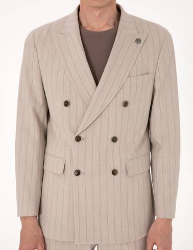 Açık Kahverengi Ex. Slim Fit Çizgili Kruvaze Takım Elbise