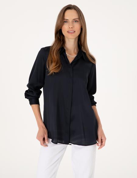 Lacivert Comfort Fit Saten Uzun Kollu Gömlek - 50313588002