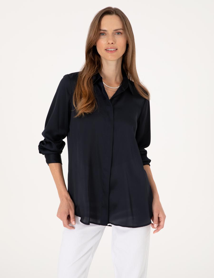 Lacivert Comfort Fit Saten Uzun Kollu Gömlek