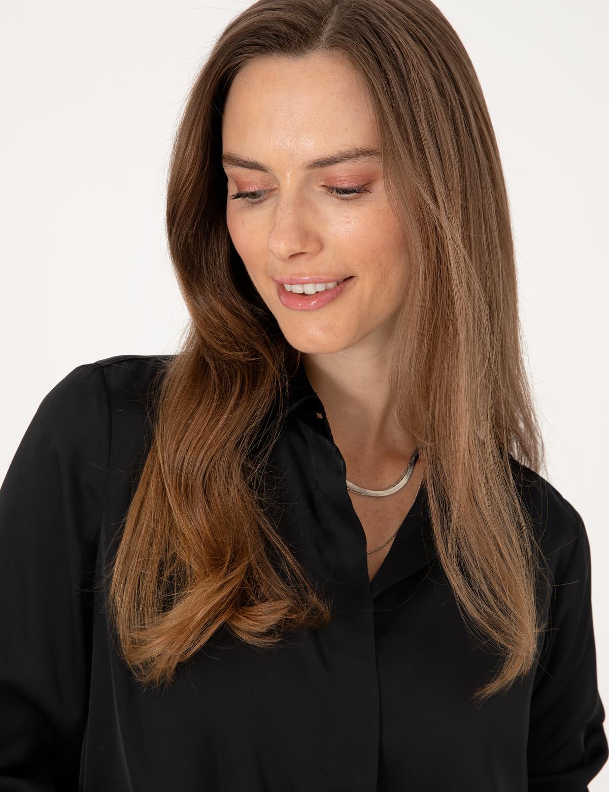 Siyah Comfort Fit Saten Uzun Kollu Gömlek - 50313588015