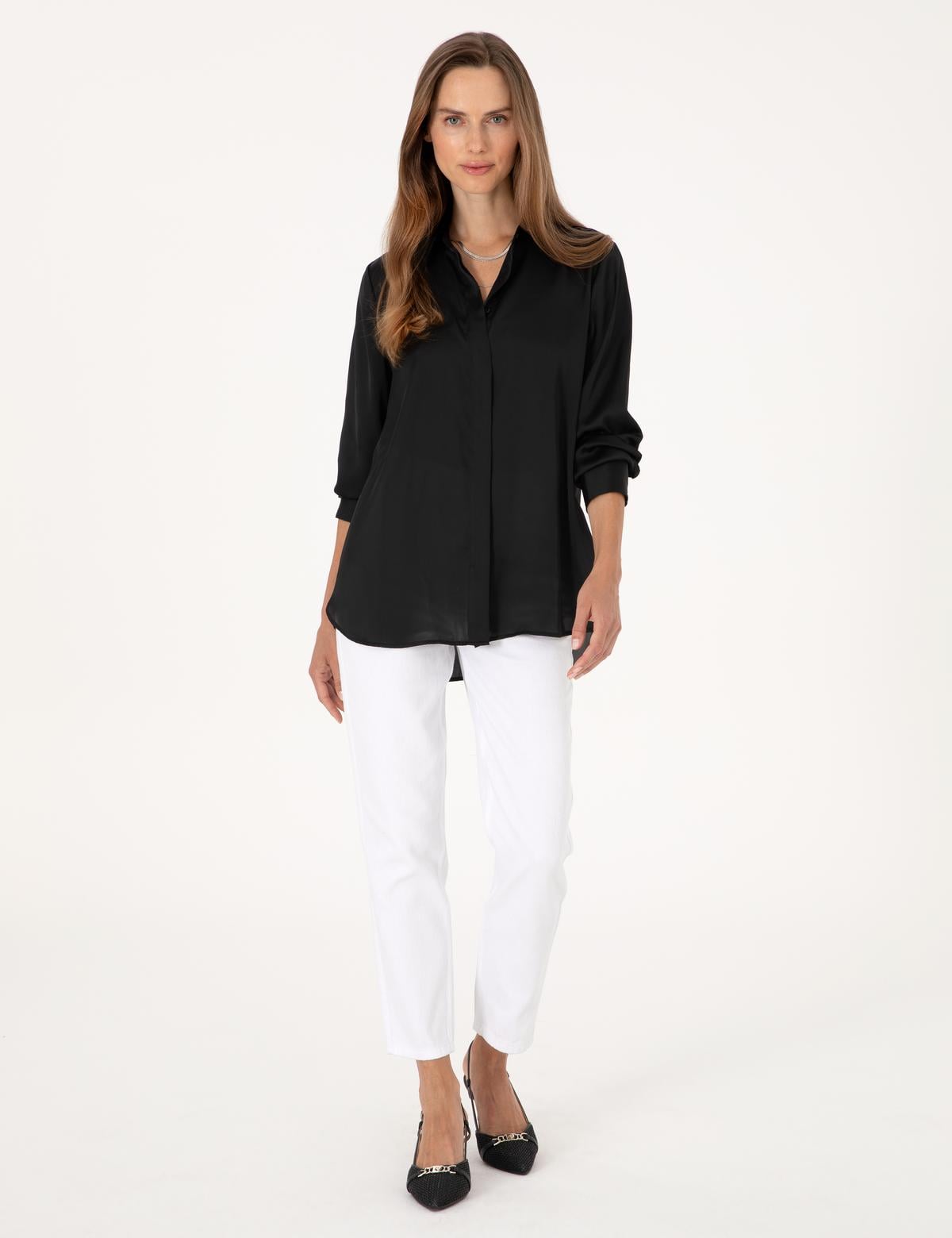 Siyah Comfort Fit Saten Uzun Kollu Gömlek - 50313588015