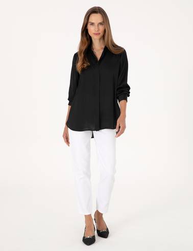 Siyah Comfort Fit Saten Uzun Kollu Gömlek