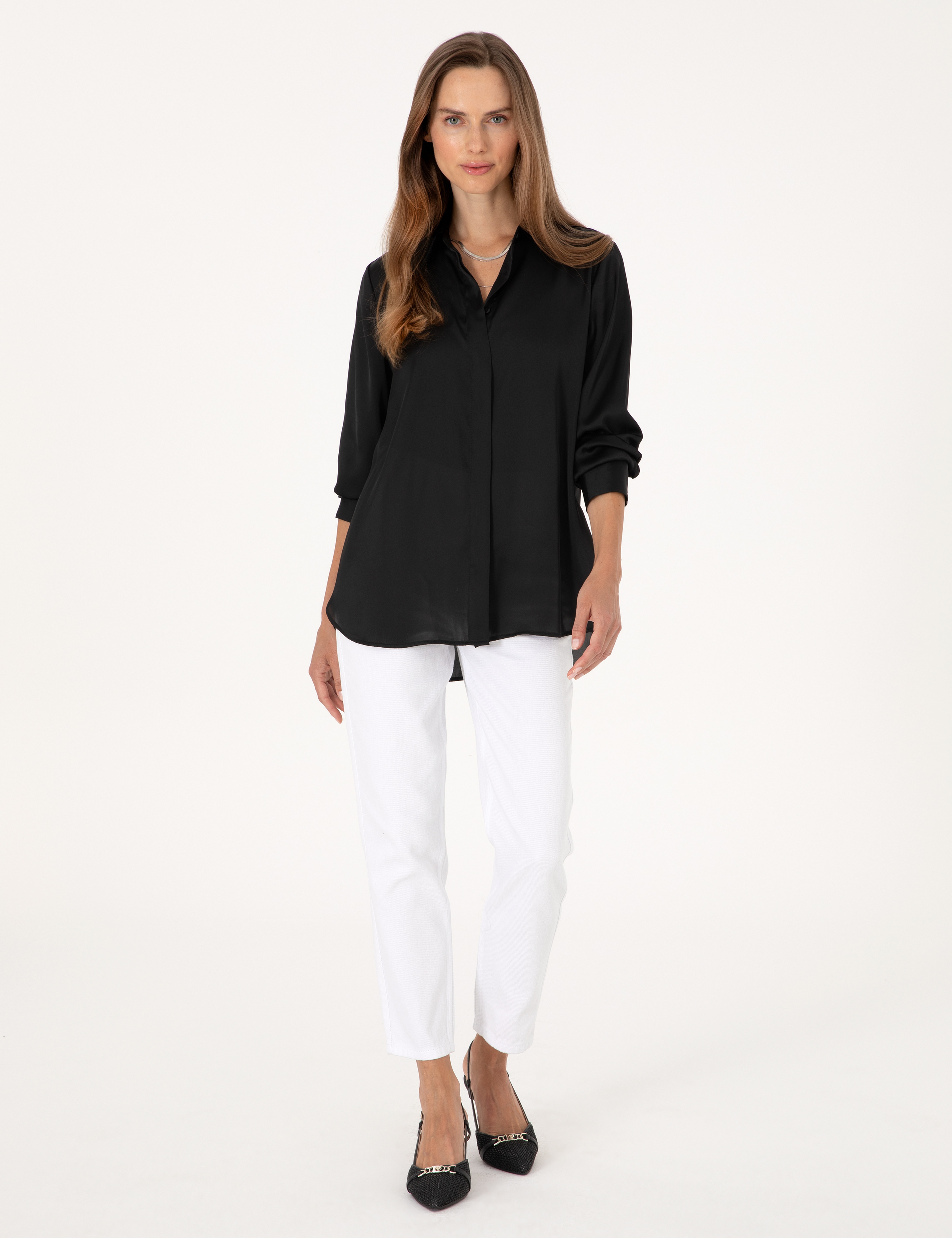 Siyah Comfort Fit Saten Uzun Kollu Gömlek - Image 4