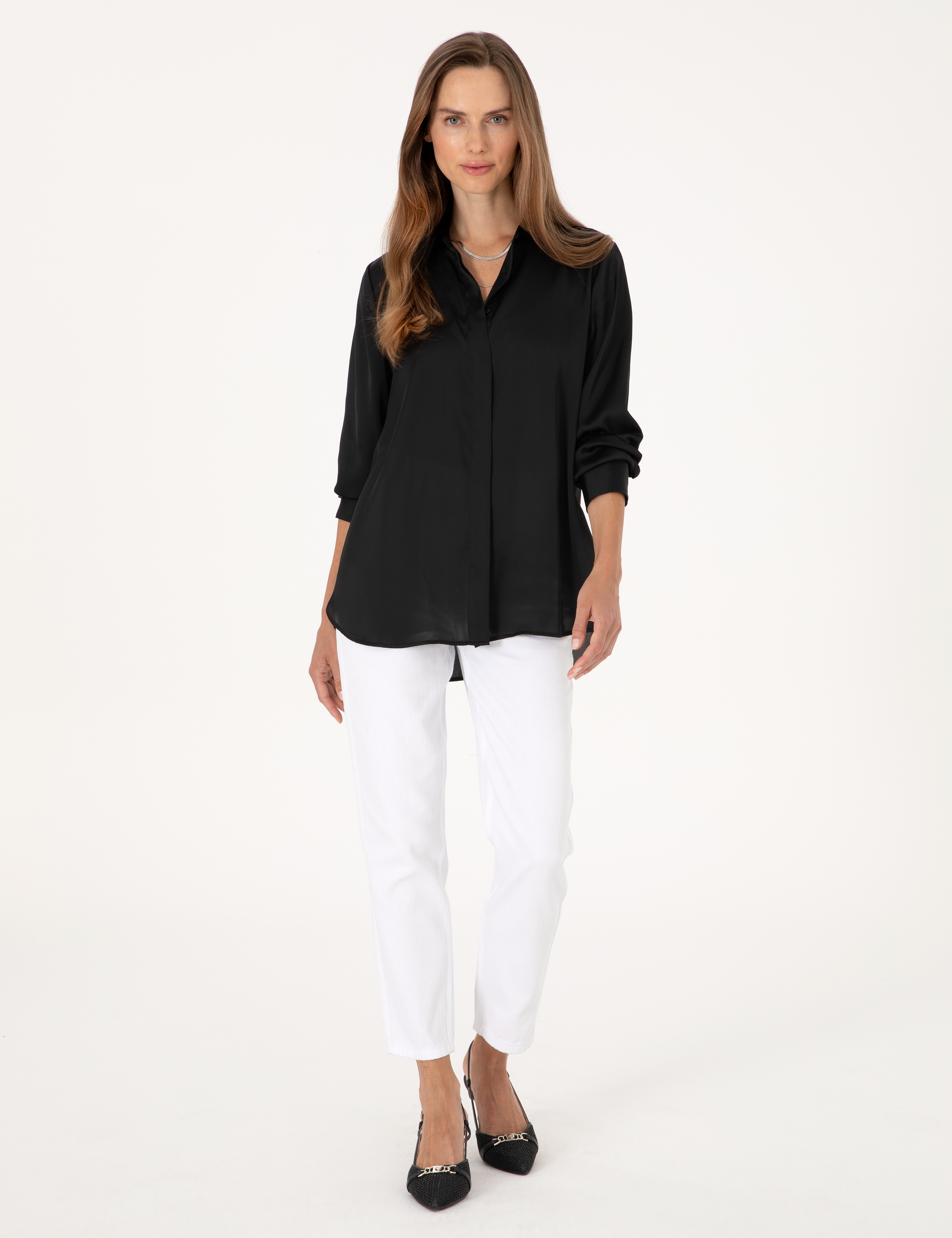 Siyah Comfort Fit Saten Uzun Kollu Gömlek