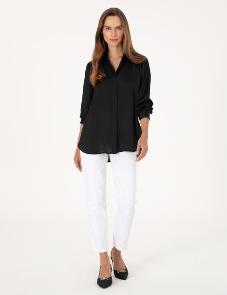 Siyah Comfort Fit Saten Uzun Kollu Gömlek - 50313588015