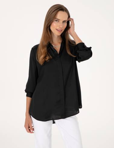 Siyah Comfort Fit Saten Uzun Kollu Gömlek