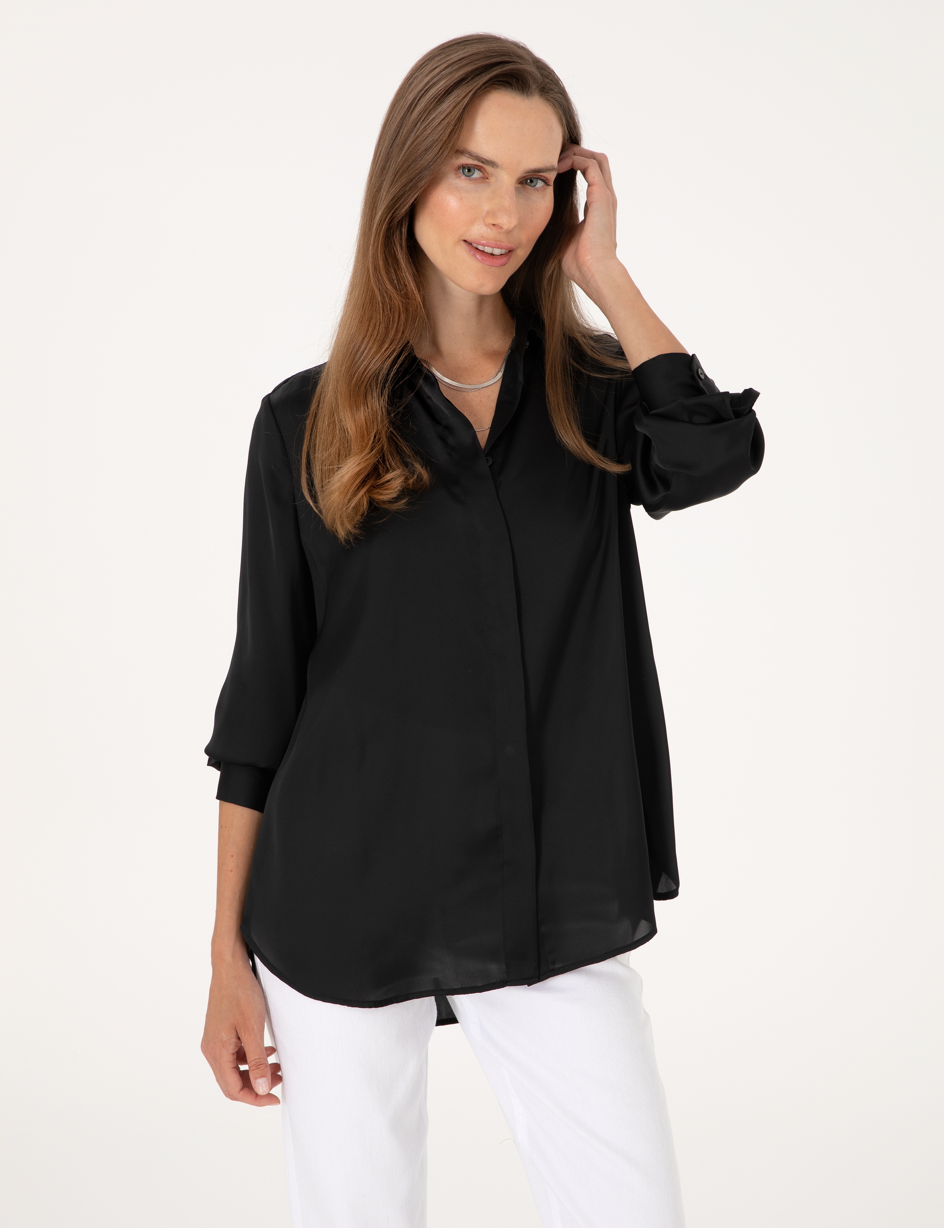 Siyah Comfort Fit Saten Uzun Kollu Gömlek - Image 3