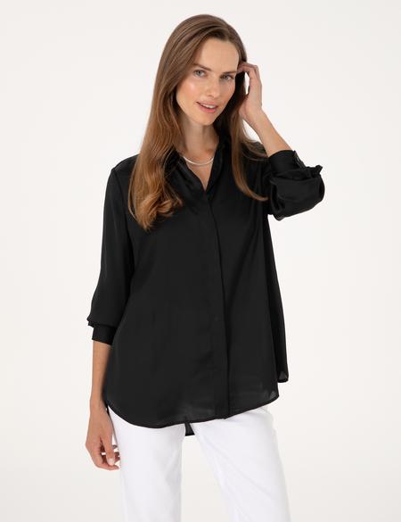 Siyah Comfort Fit Saten Uzun Kollu Gömlek - 50313588015