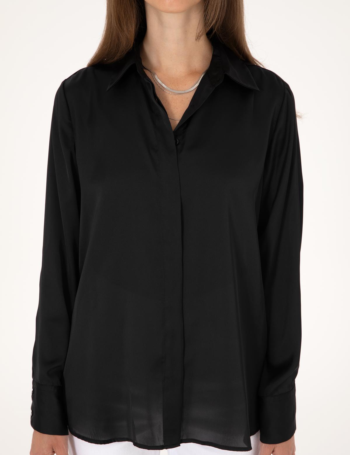 Siyah Comfort Fit Saten Uzun Kollu Gömlek - 50313588015