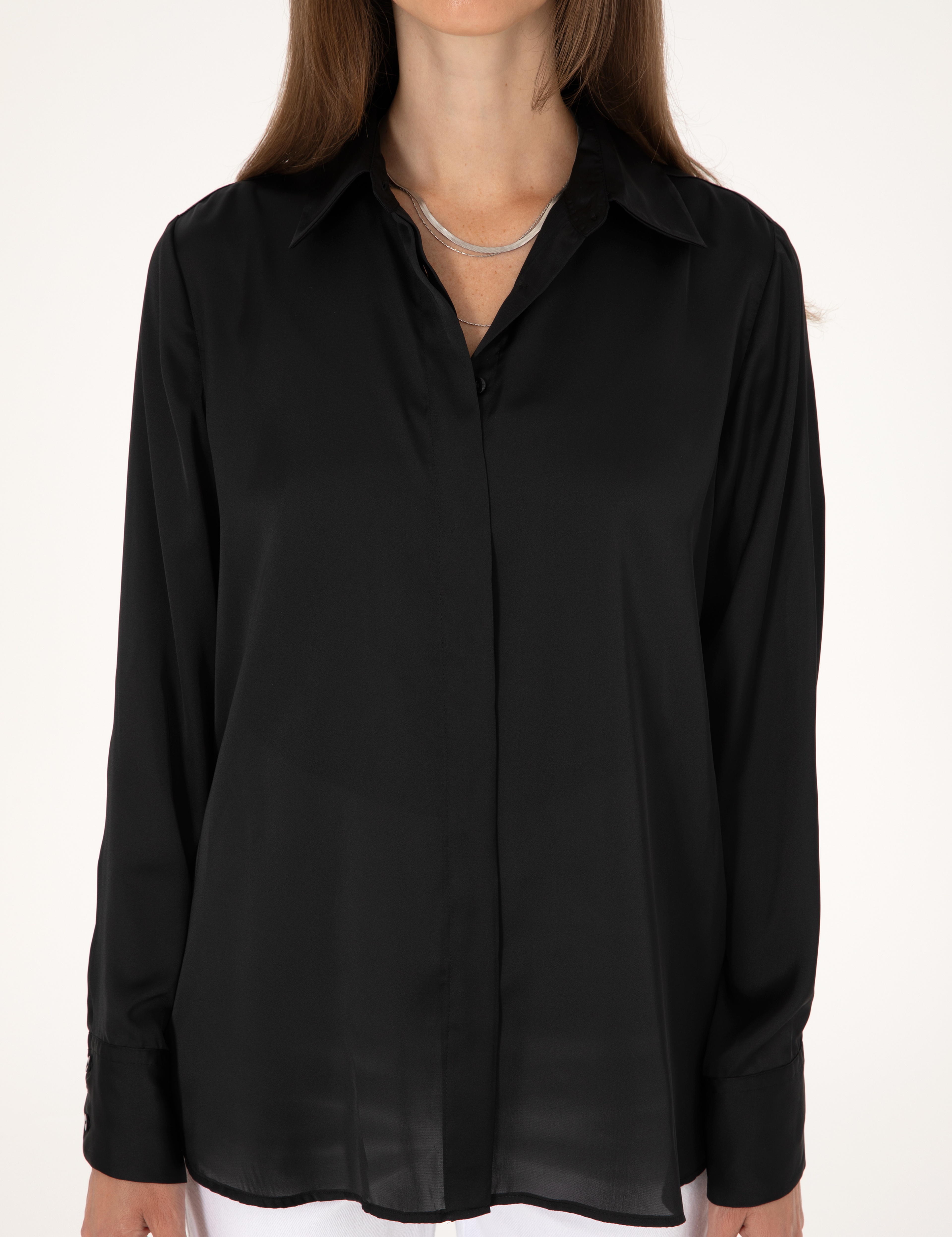 Siyah Comfort Fit Saten Uzun Kollu Gömlek - Image 6