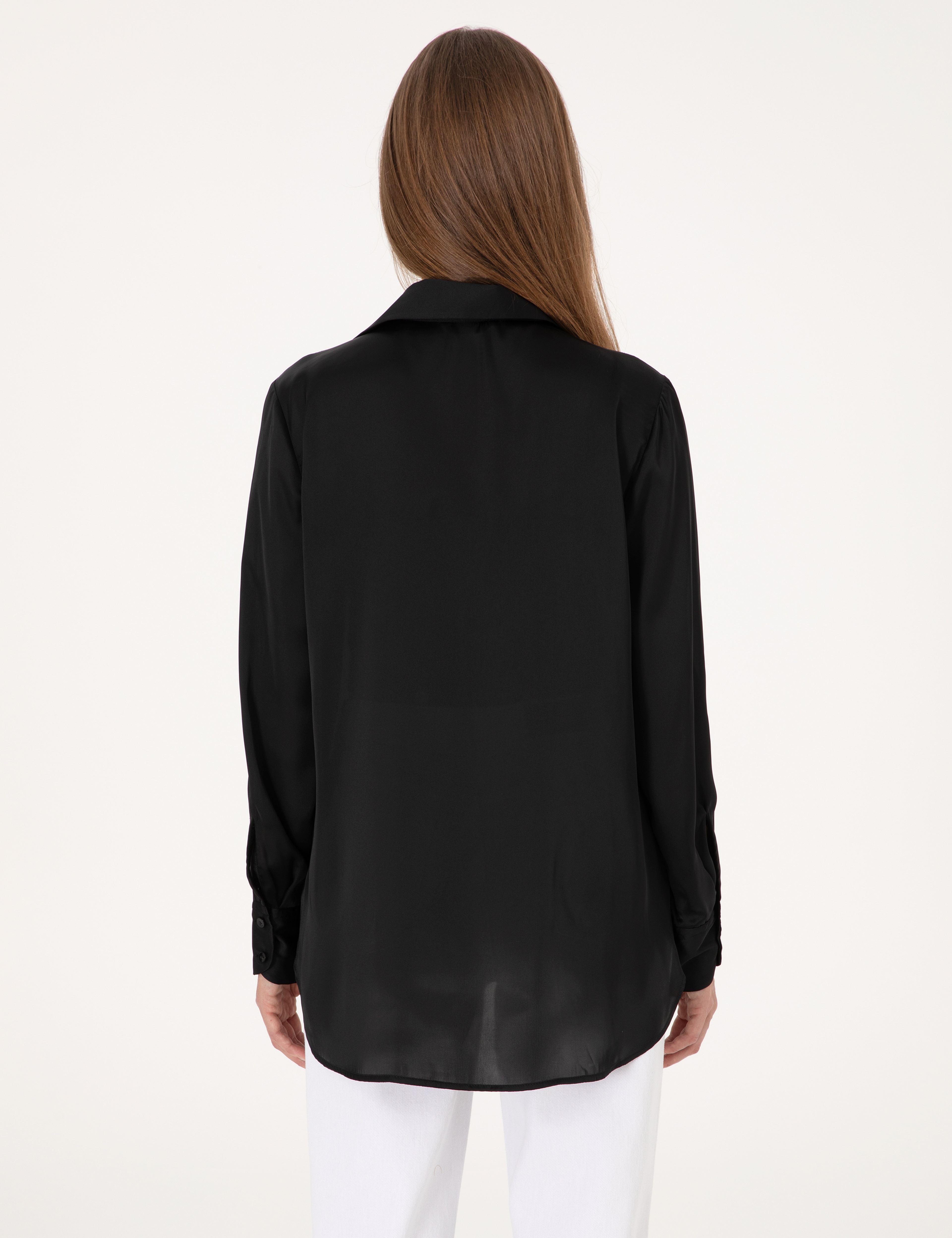 Siyah Comfort Fit Saten Uzun Kollu Gömlek - Image 5