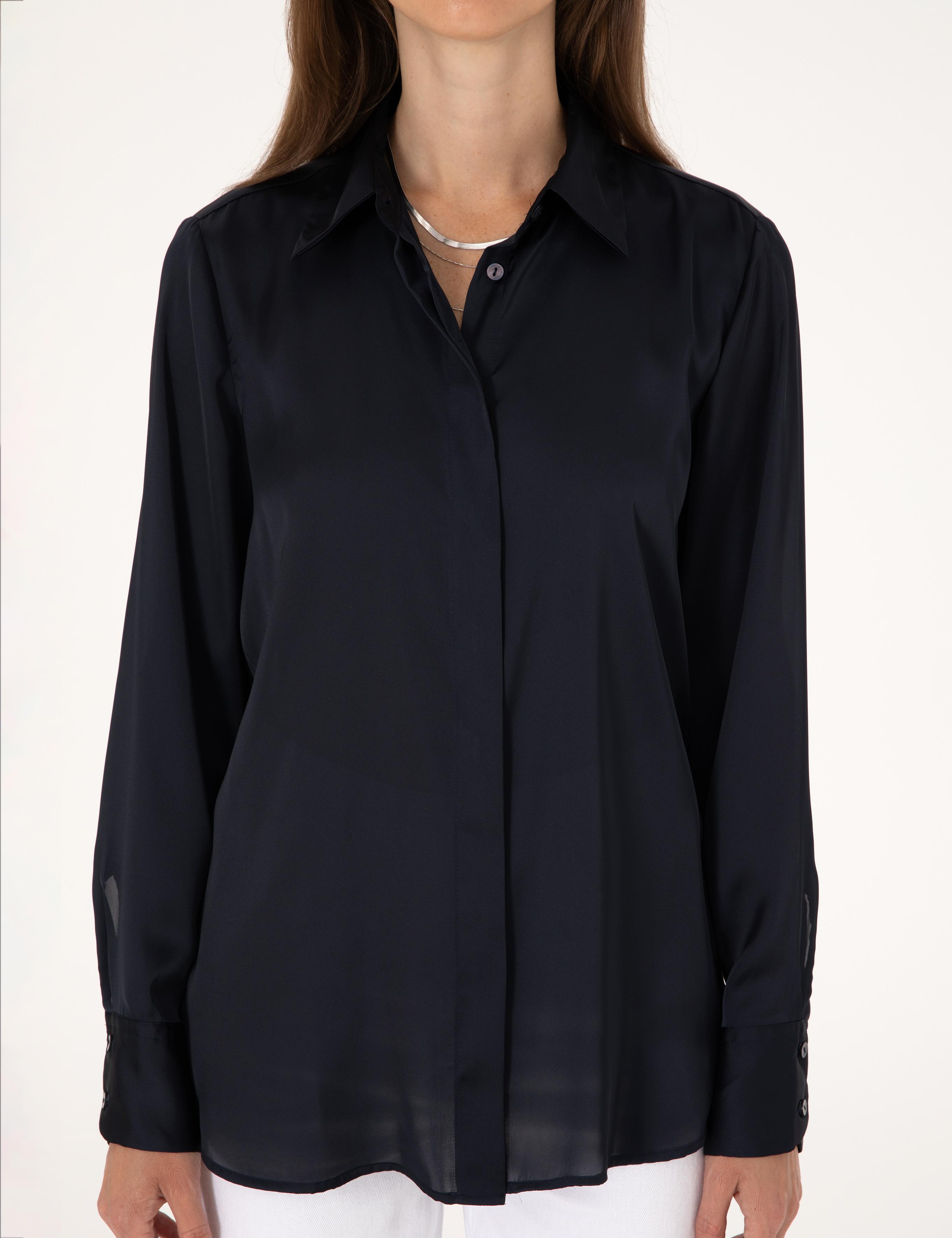 Lacivert Comfort Fit Saten Uzun Kollu Gömlek