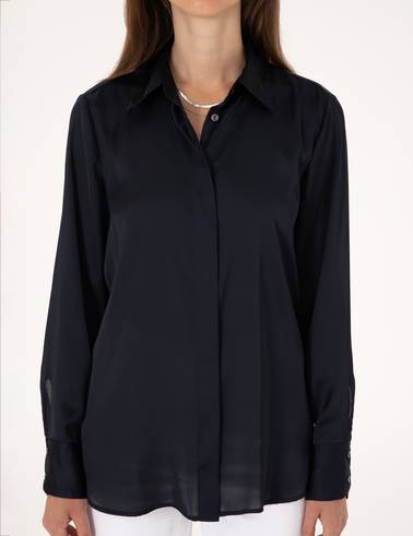 Lacivert Comfort Fit Saten Uzun Kollu Gömlek