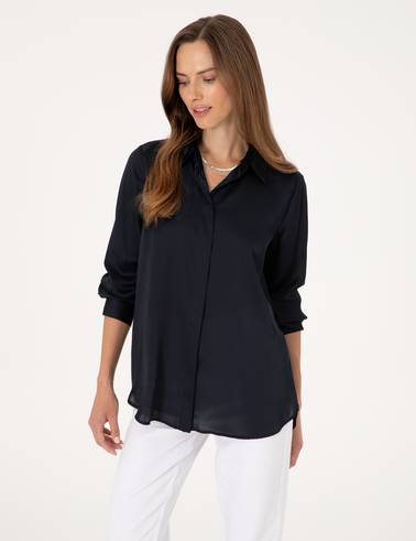 Lacivert Comfort Fit Saten Uzun Kollu Gömlek