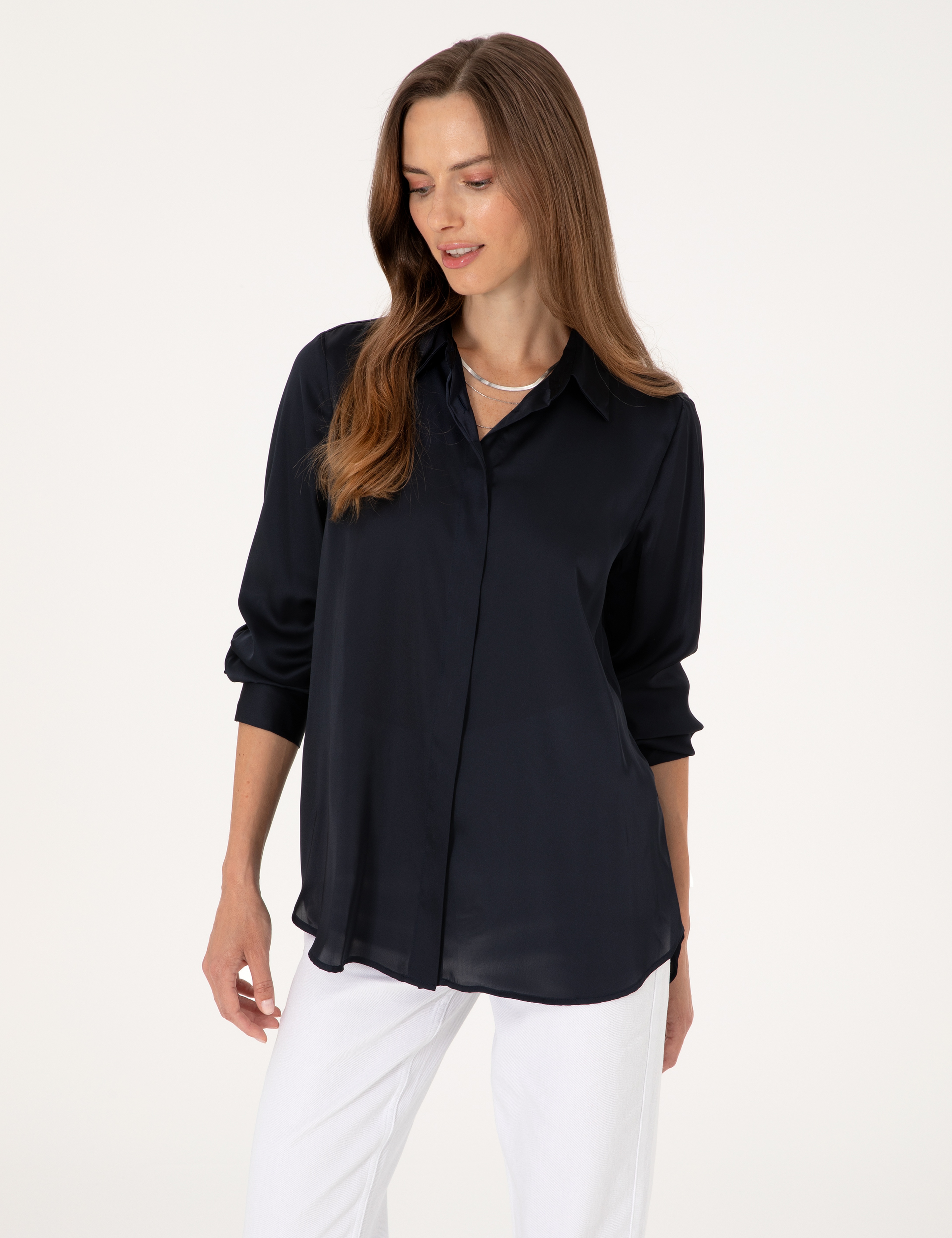 Lacivert Comfort Fit Saten Uzun Kollu Gömlek - Image 3
