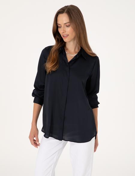 Lacivert Comfort Fit Saten Uzun Kollu Gömlek - 50313588002