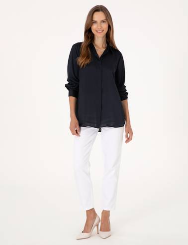 Lacivert Comfort Fit Saten Uzun Kollu Gömlek