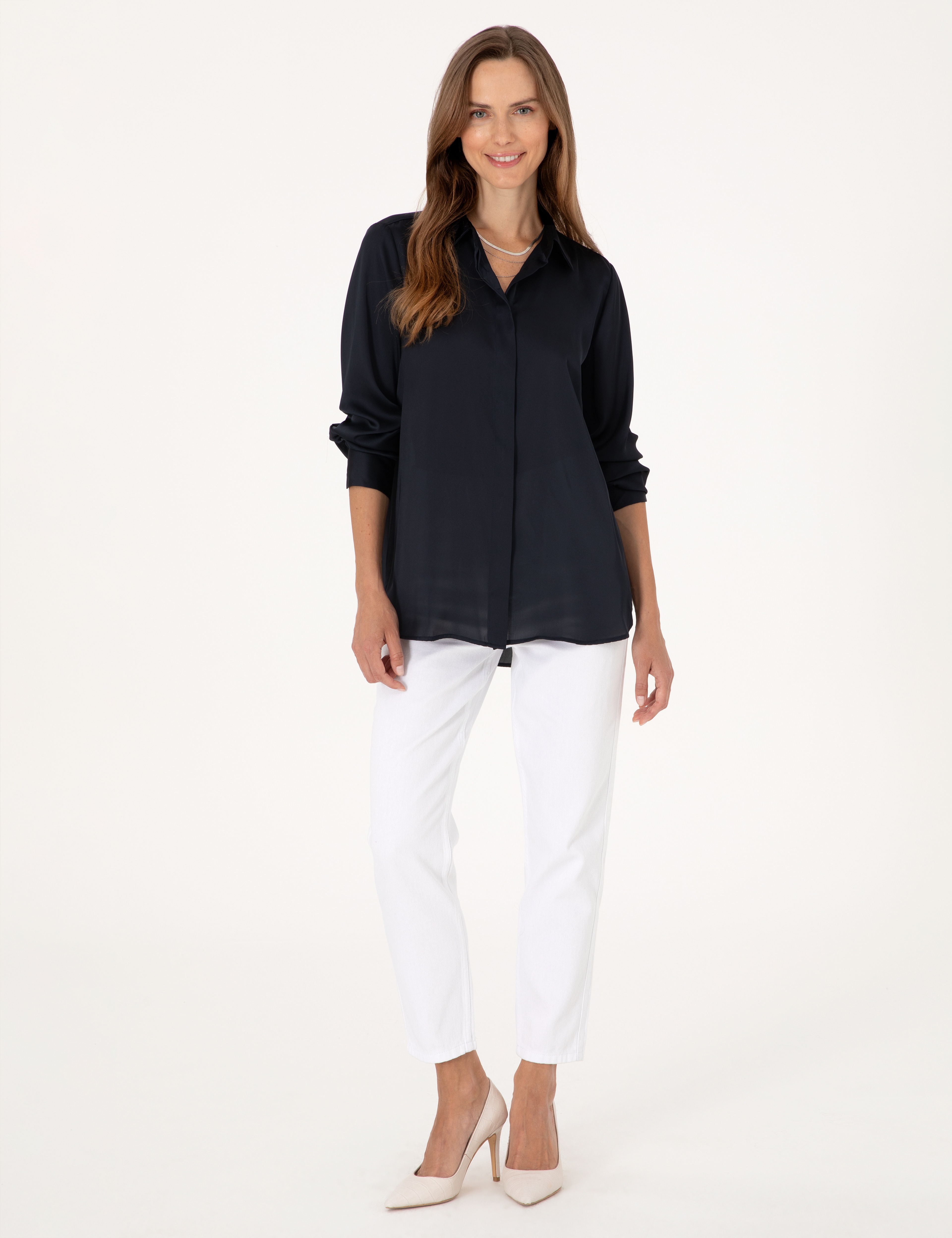Lacivert Comfort Fit Saten Uzun Kollu Gömlek - Image 4