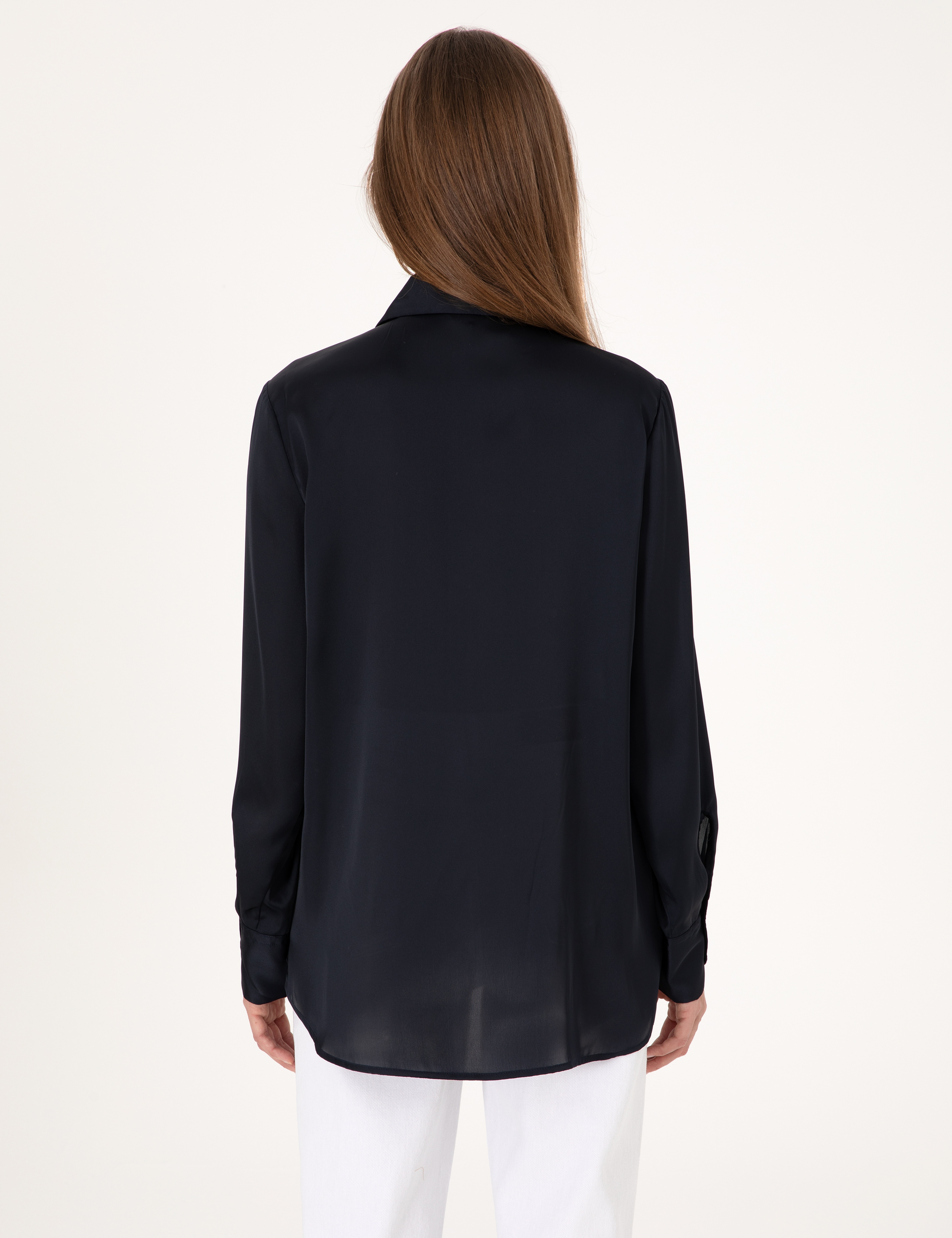 Lacivert Comfort Fit Saten Uzun Kollu Gömlek - Image 5