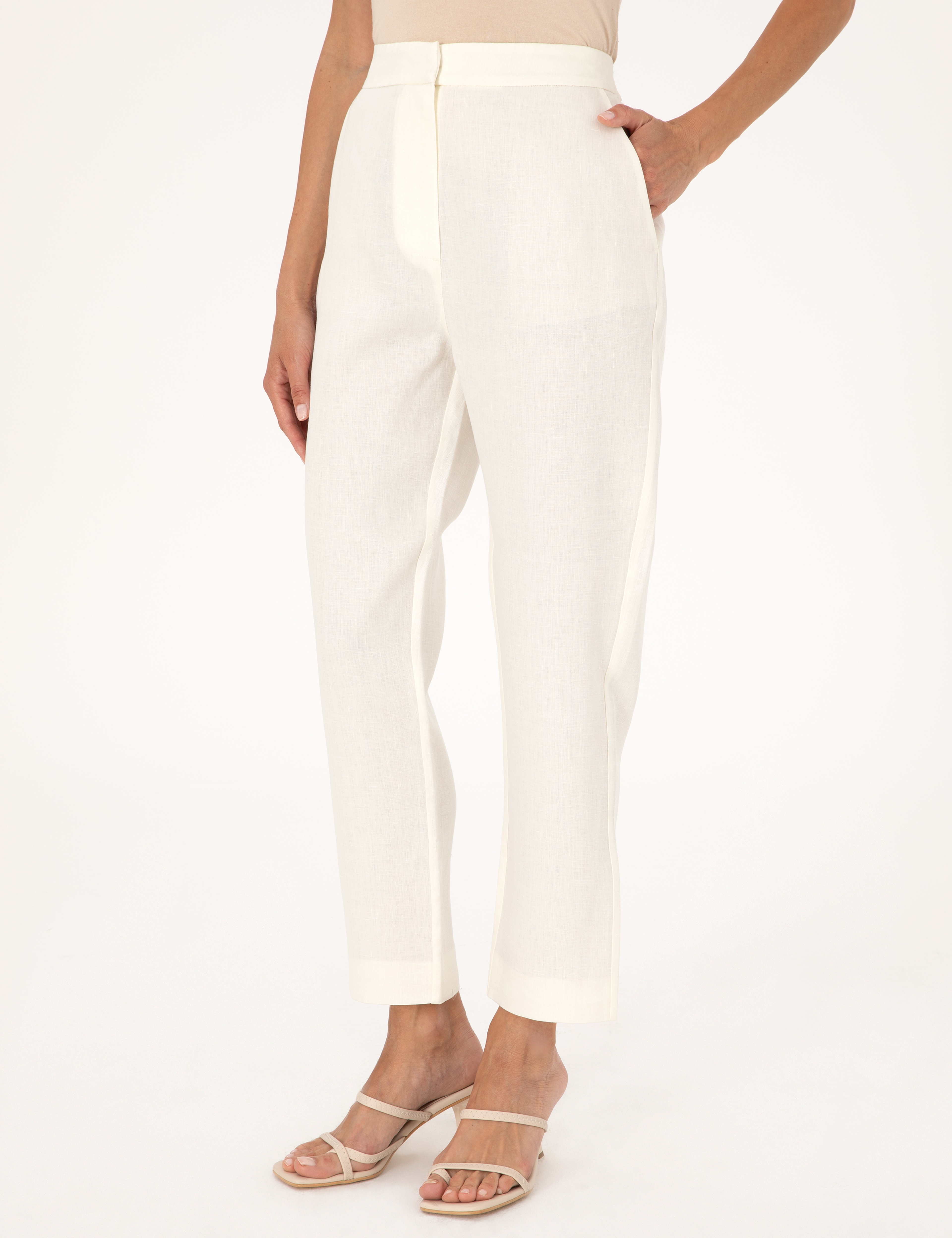 Ekru Carrot Fit Keten Pantolon - Image 2