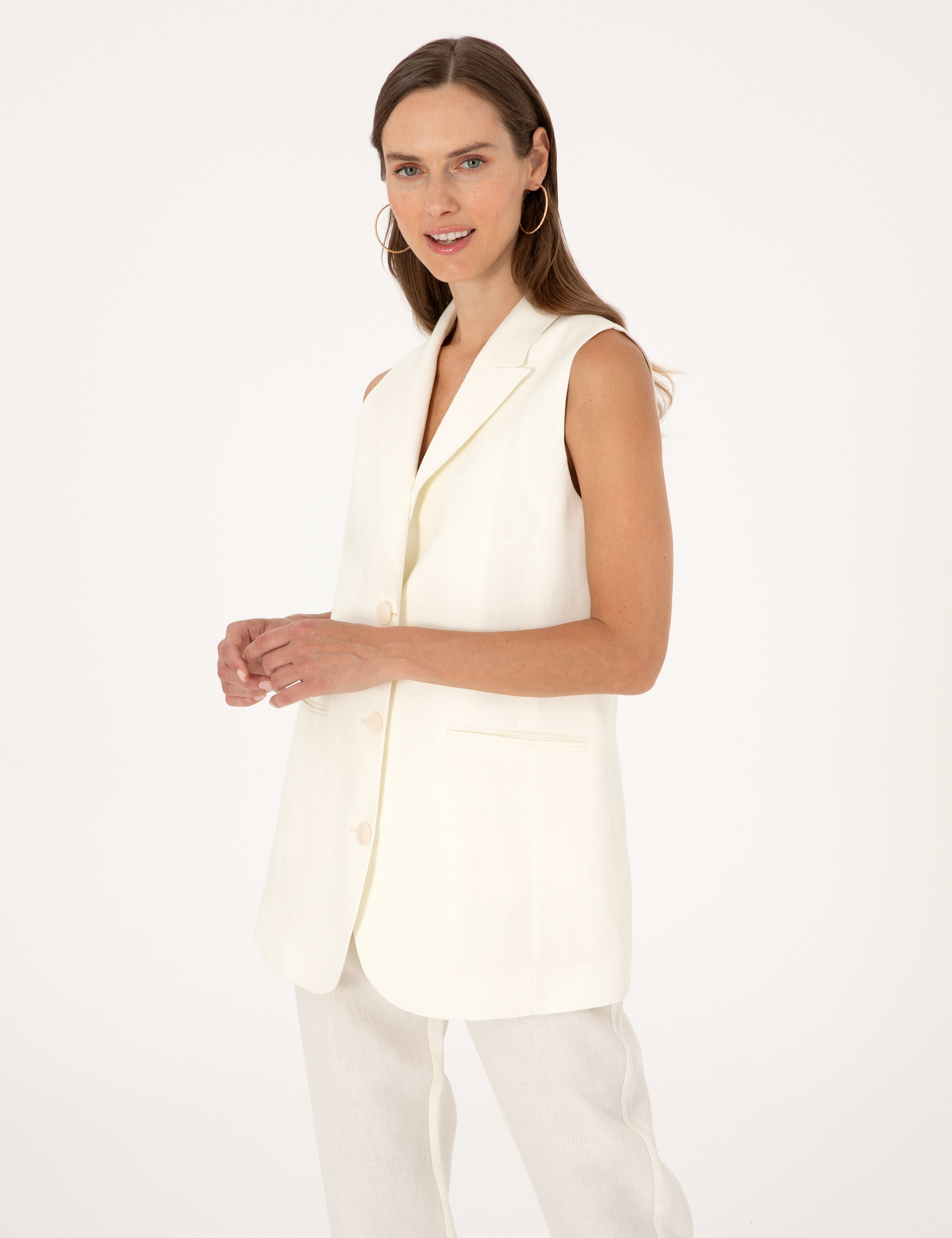 Ekru Regular Fit Keten Yelek - Image 3