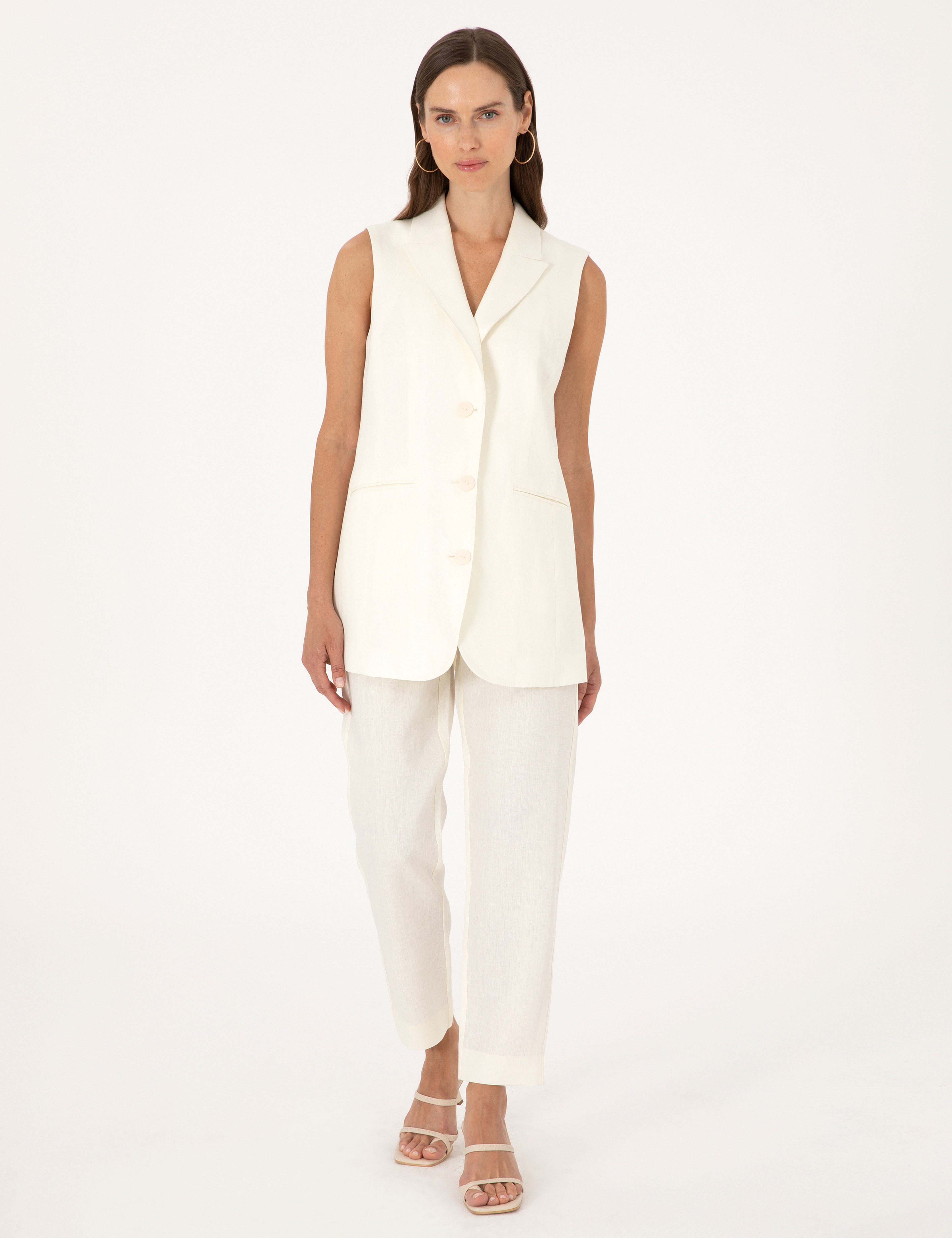 Ekru Regular Fit Keten Yelek - Image 4