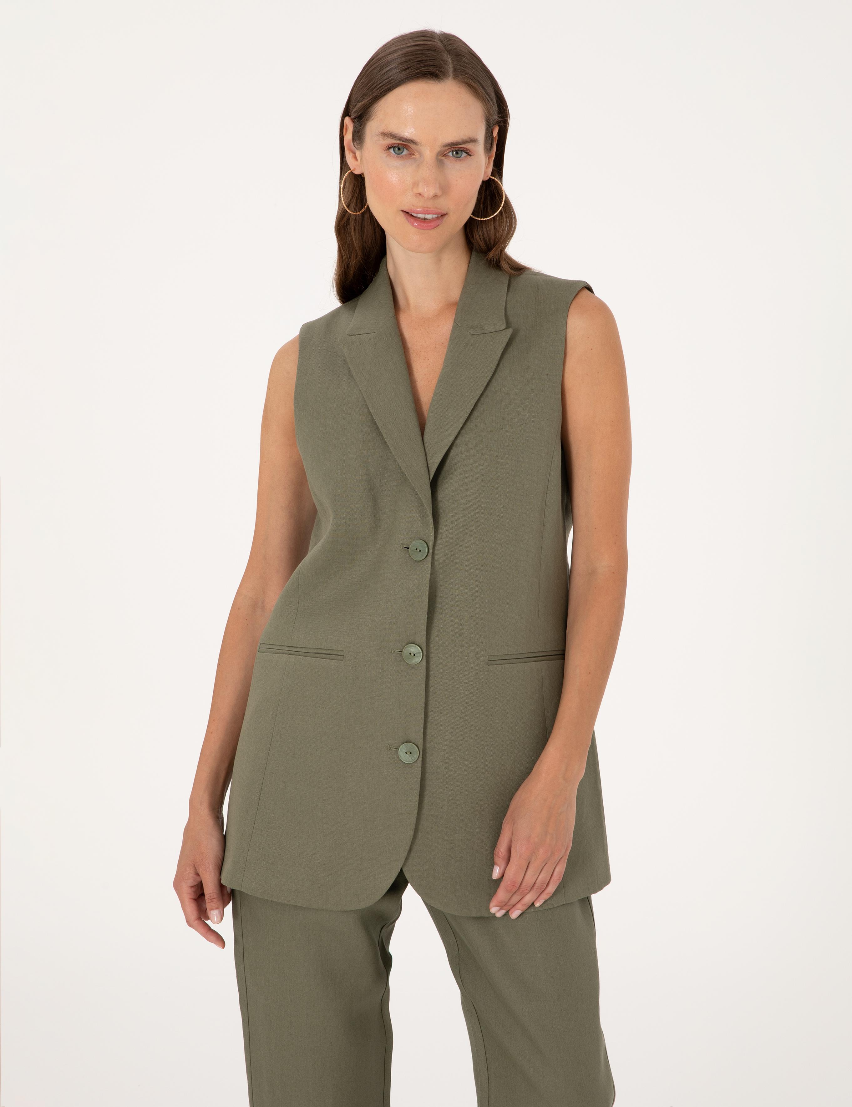 Haki Regular Fit Keten Yelek