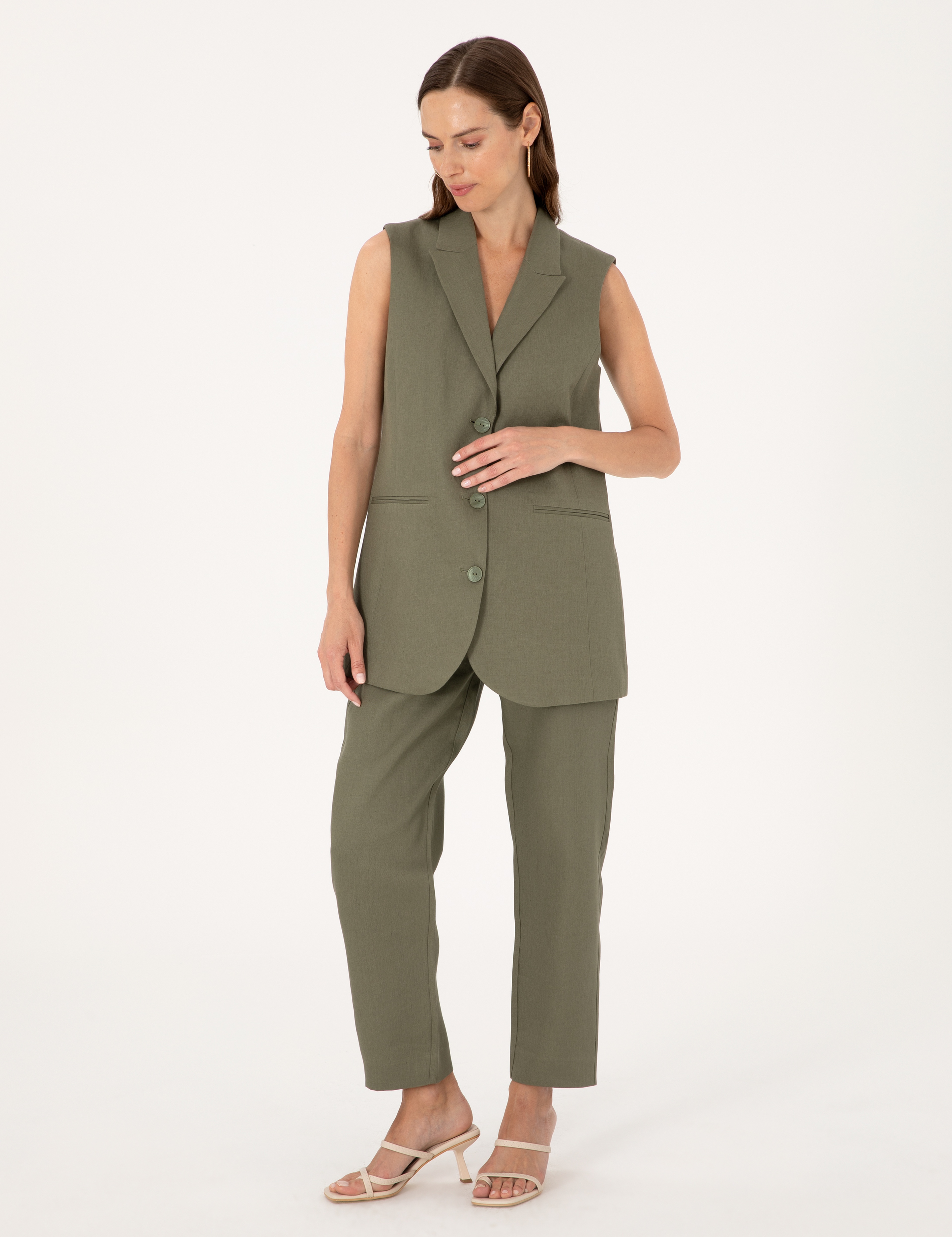 Haki Regular Fit Keten Yelek - Image 4